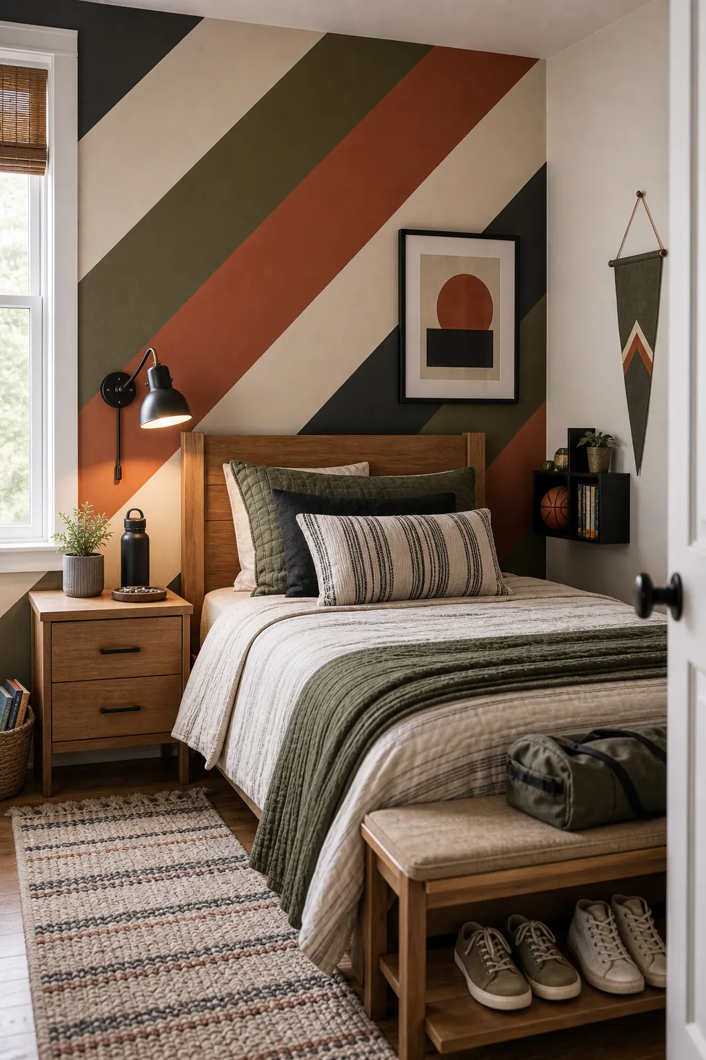 Boys bedroom graphic striped accent wall in cream olive rust and charcoal