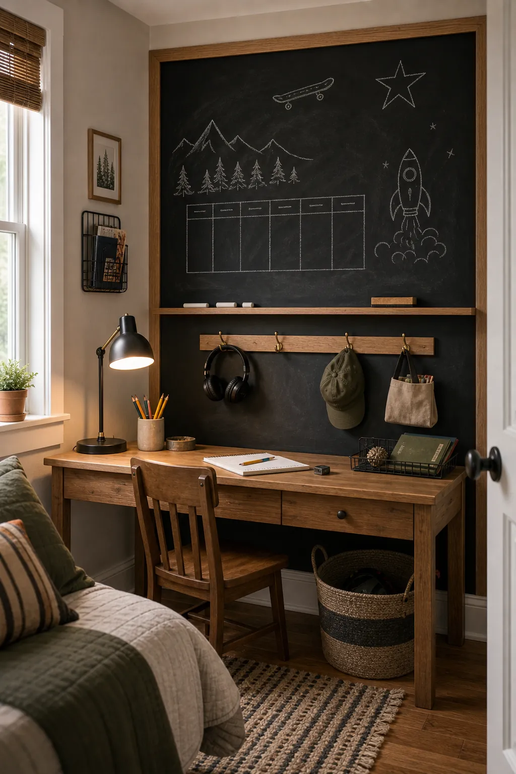 Boys bedroom charcoal chalkboard activity wall above a small desk