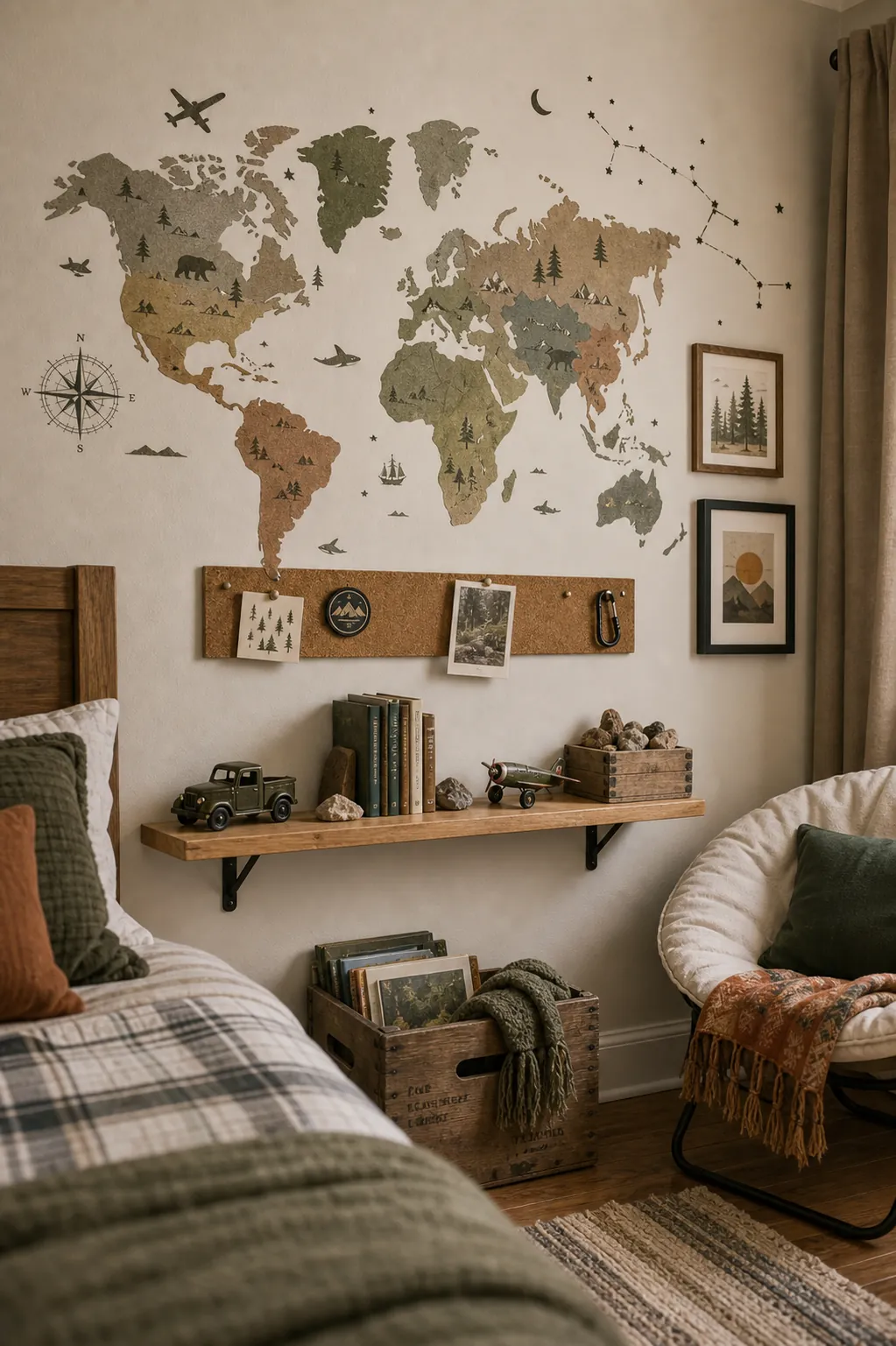 Boys bedroom removable adventure decals and shelf accent wall on a warm neutral wall