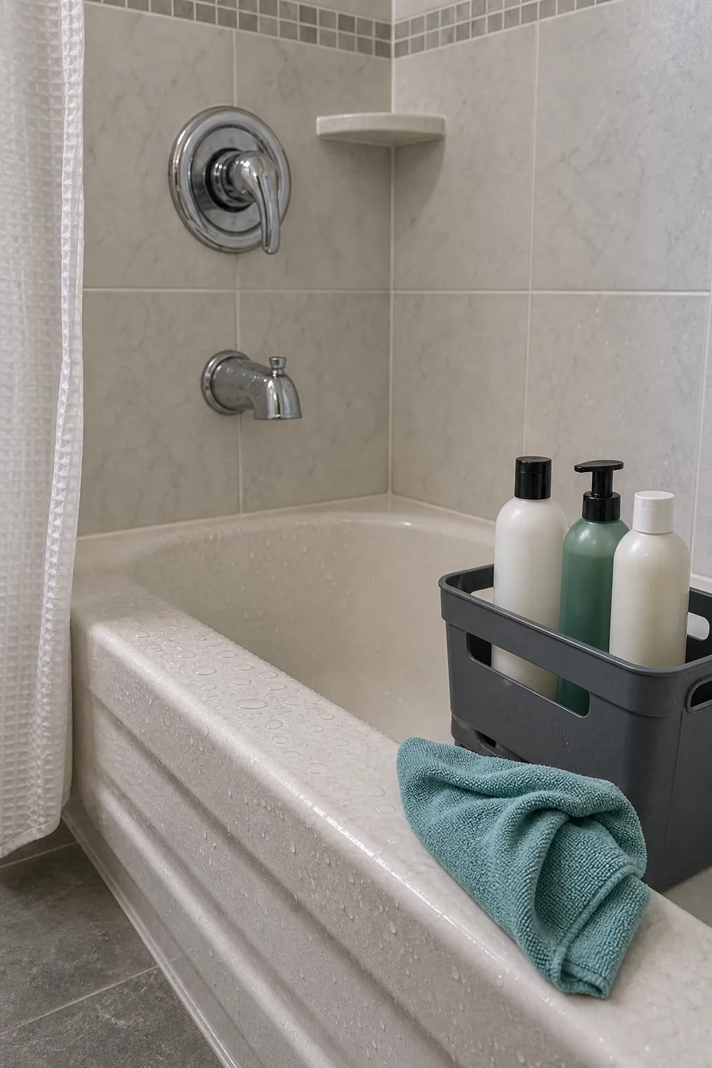 Shower ledge cleared of bottles with water droplets and a microfiber cloth before cleaning