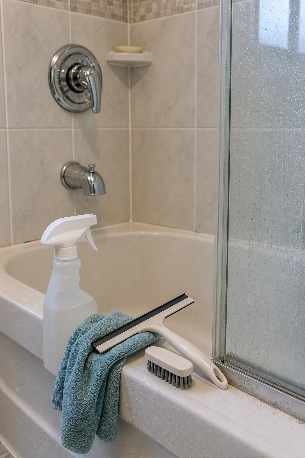 Fresh shower cleaning setup with squeegee microfiber cloth brush and cleaner for practical shower cleaning hacks