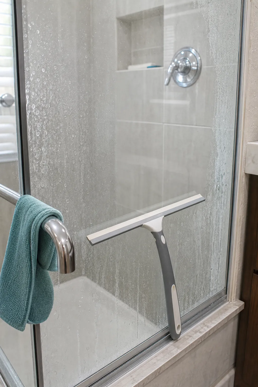 Shower glass door with squeegee and half-cleared water spots after cleaning
