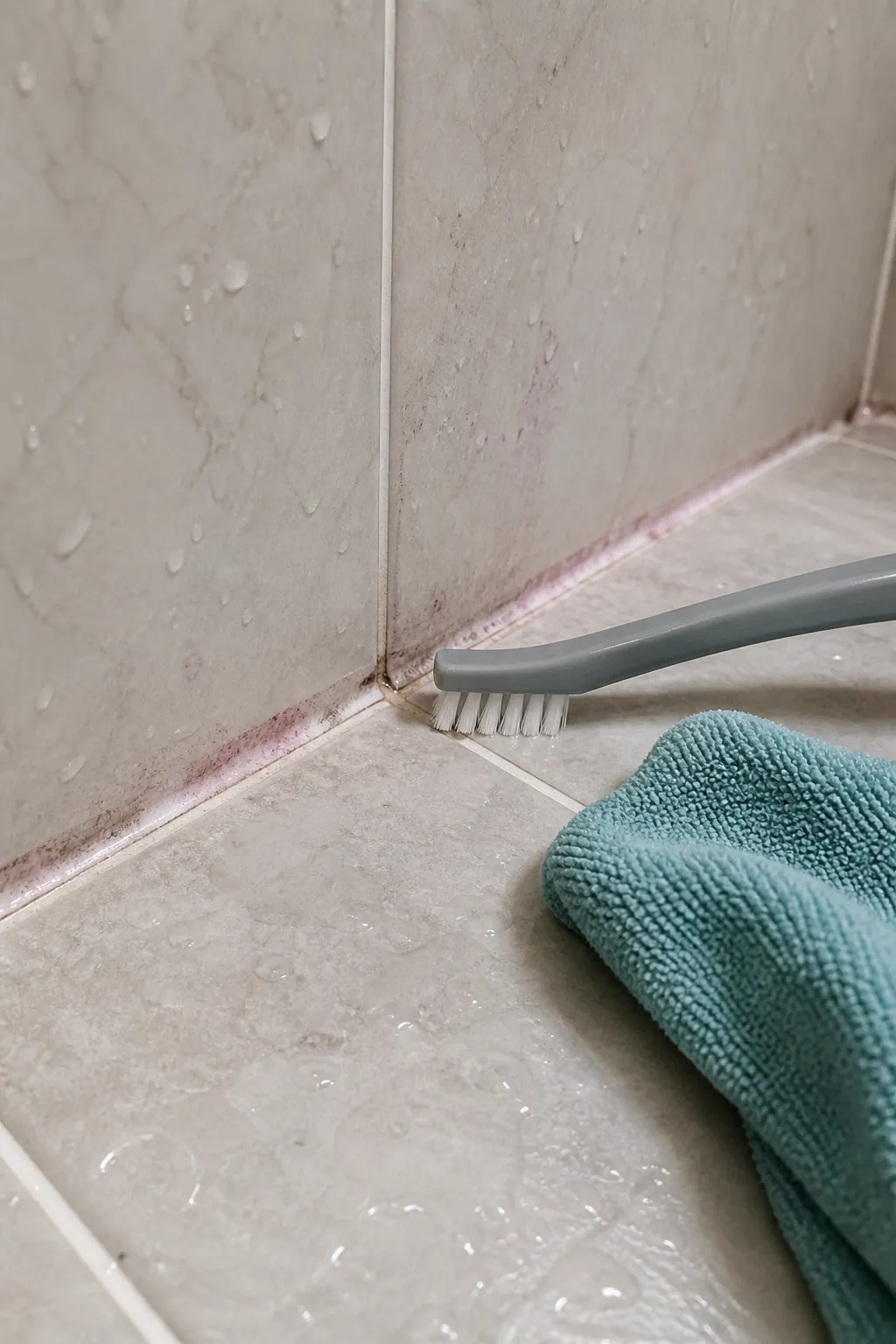 Detail brush cleaning shower grout line and early pink film near tile seam