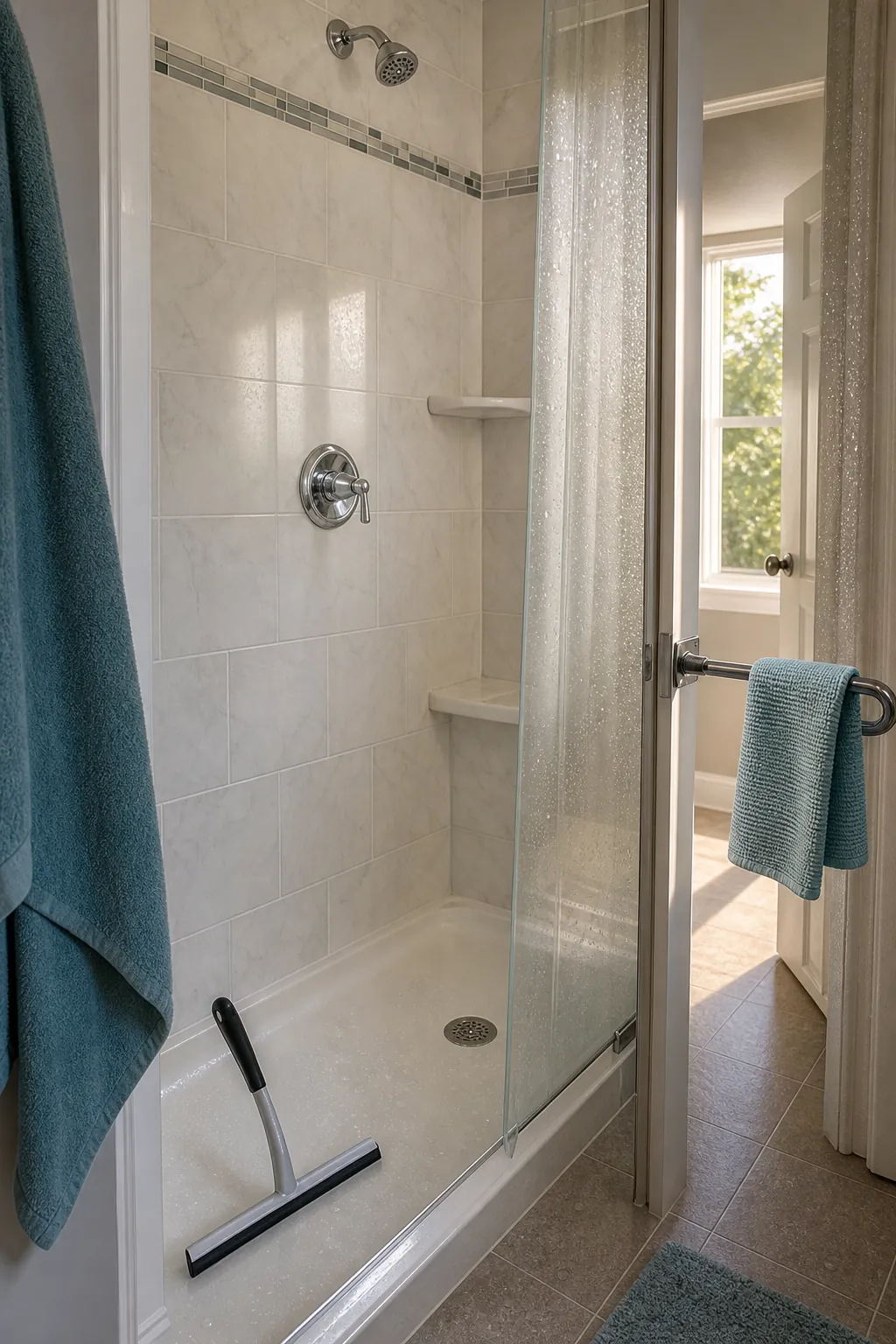 Freshly cleaned shower with towel and squeegee ready for drying and ventilation