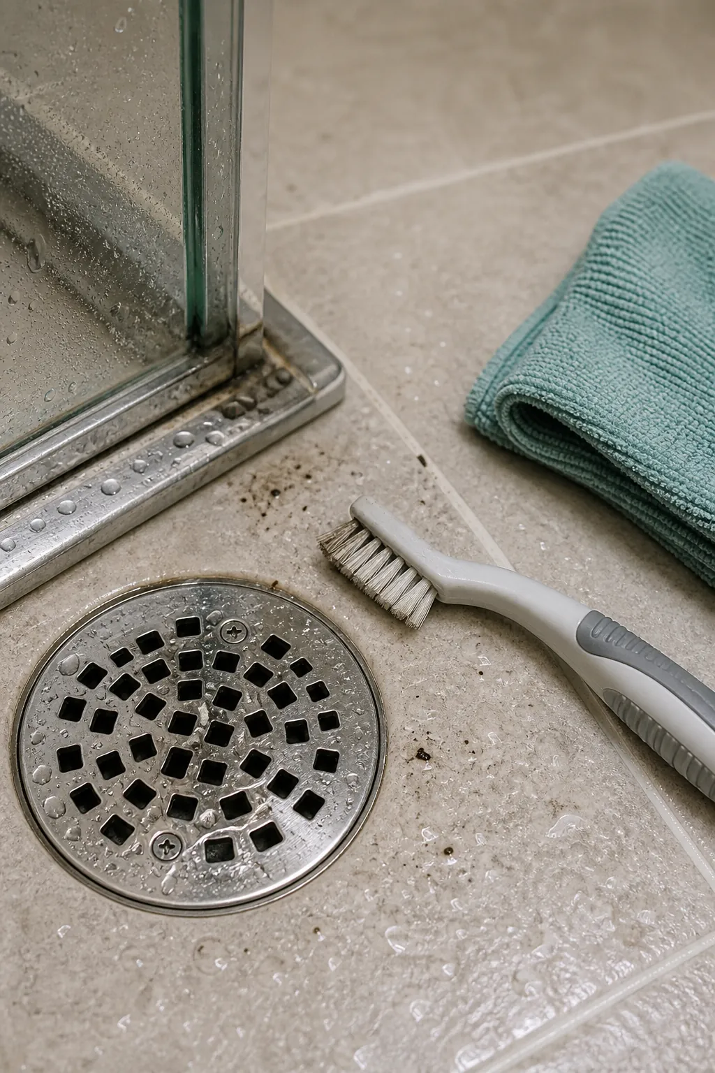 Shower drain cover and door track detail cleaning with small brush and cloth