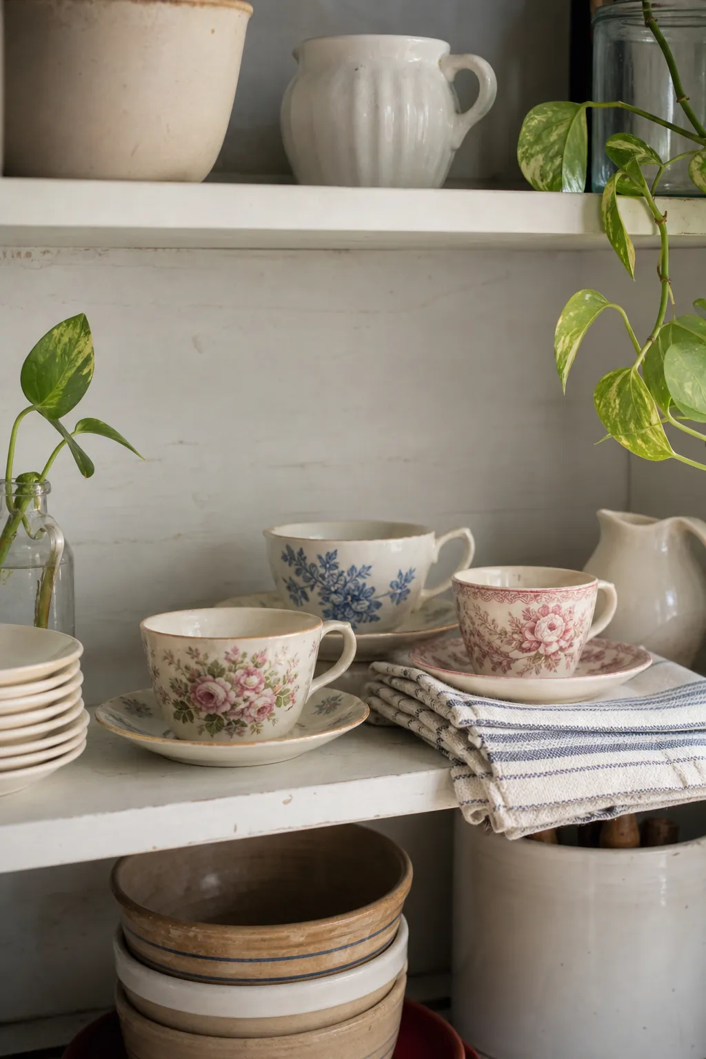 Vintage teacups mixed with plates and linens on an open kitchen shelf