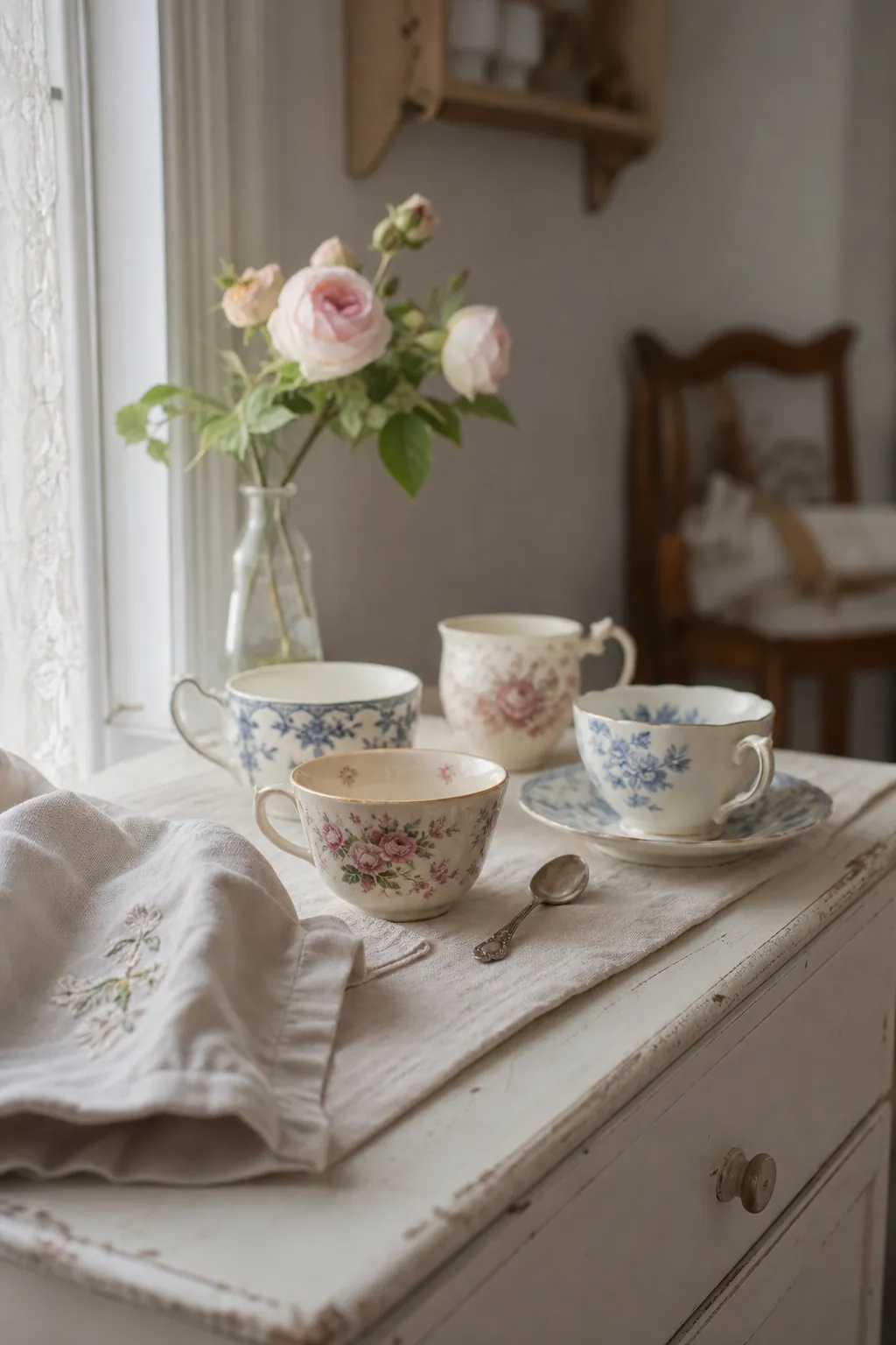 Vintage teacups styled on a linen sideboard for a soft feminine home