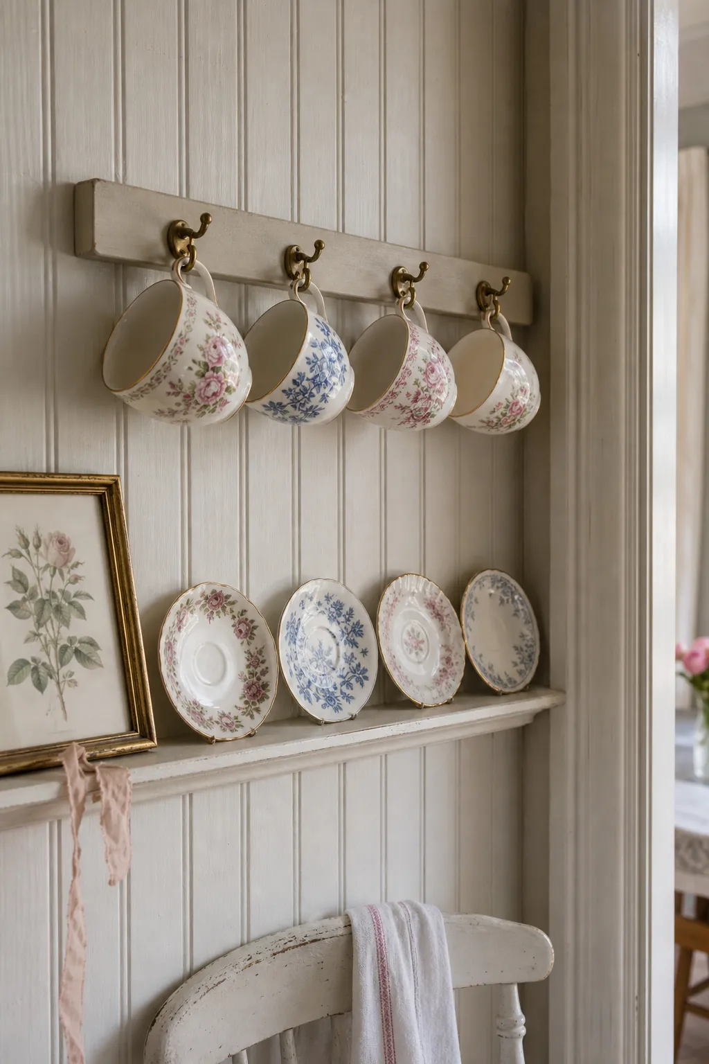 Vintage teacups hanging from brass hooks above matching saucers on a small wall shelf