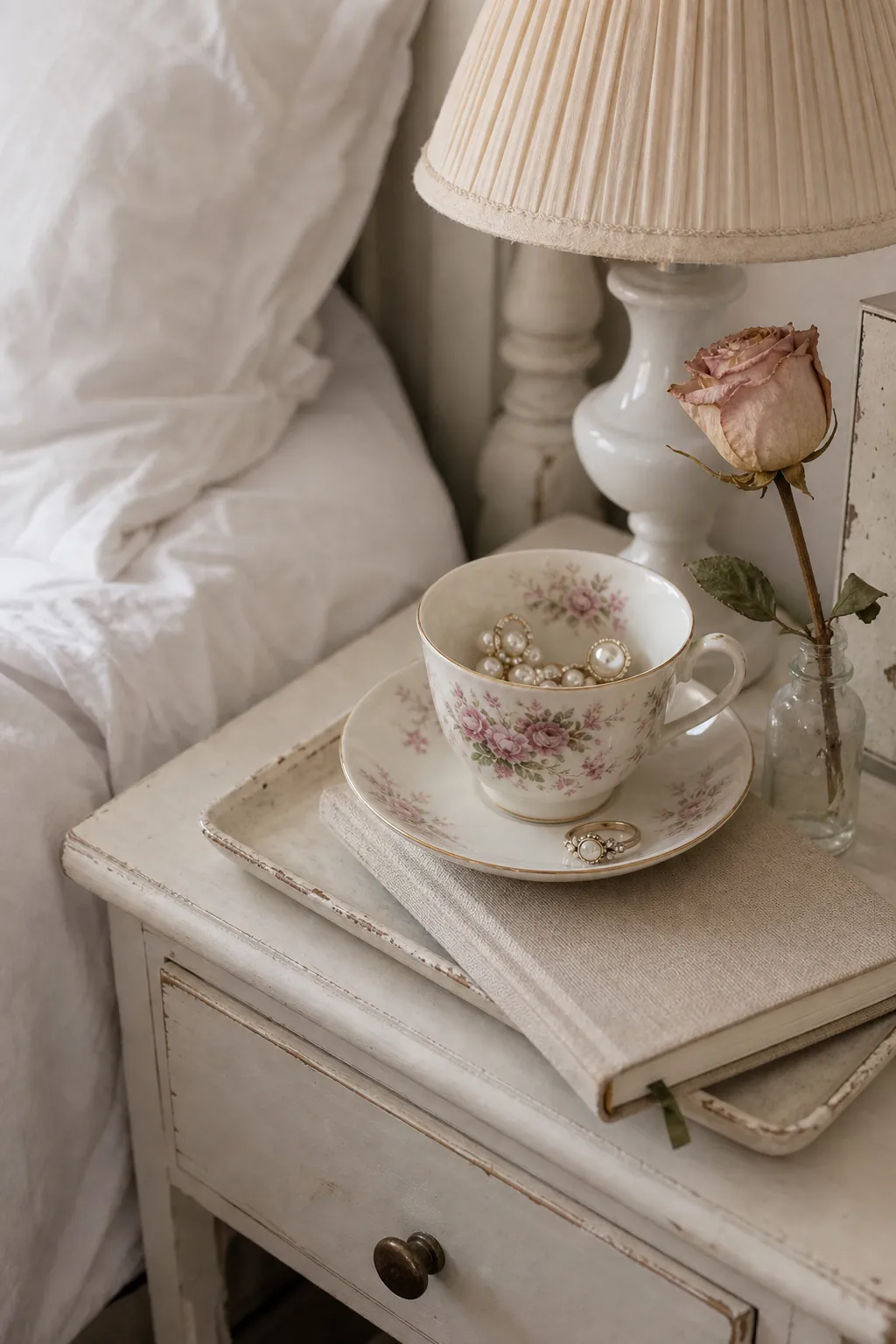 Vintage teacup used as soft bedside decor with jewelry and a book
