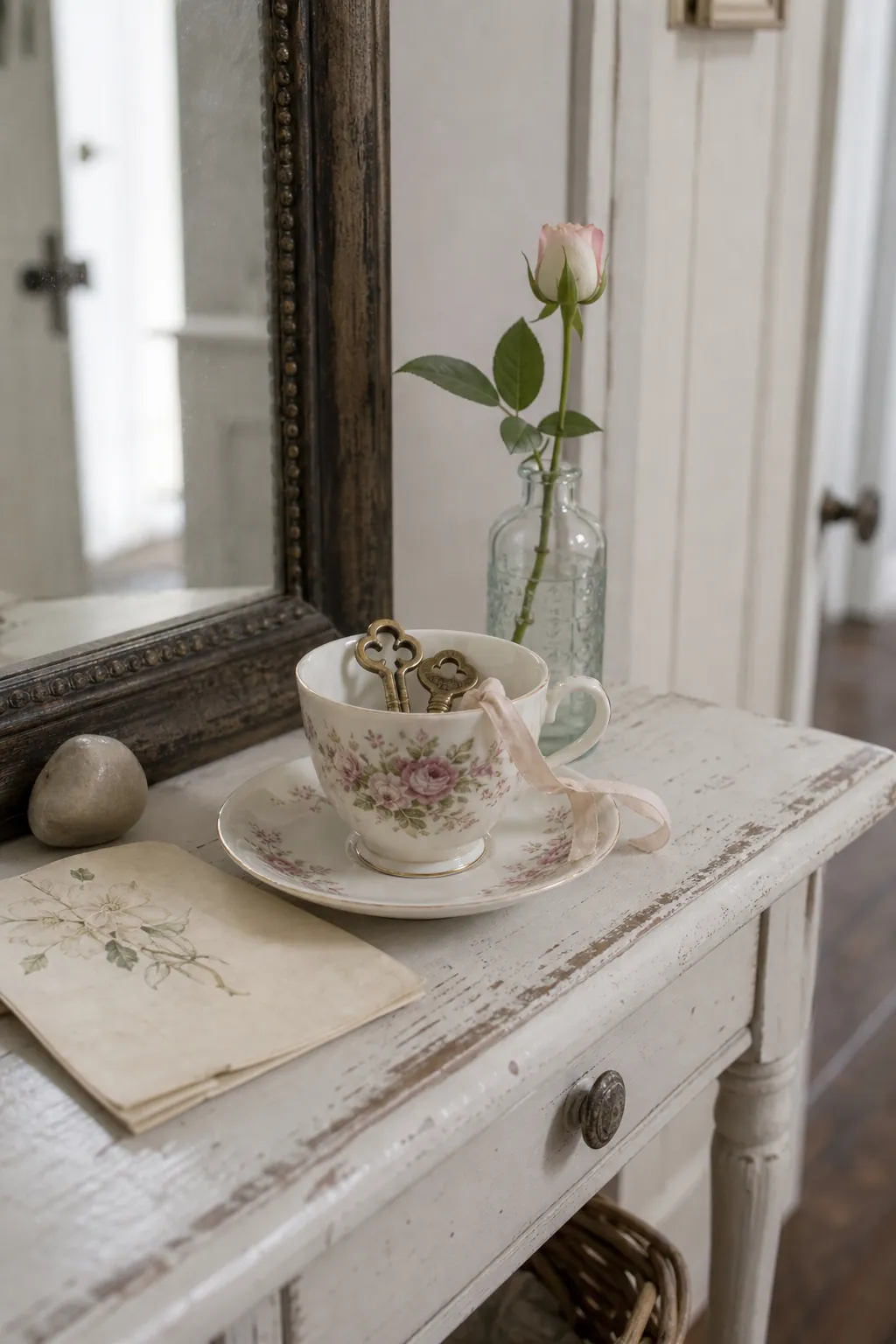 Vintage teacup used as an entryway catchall with keys and collected decor