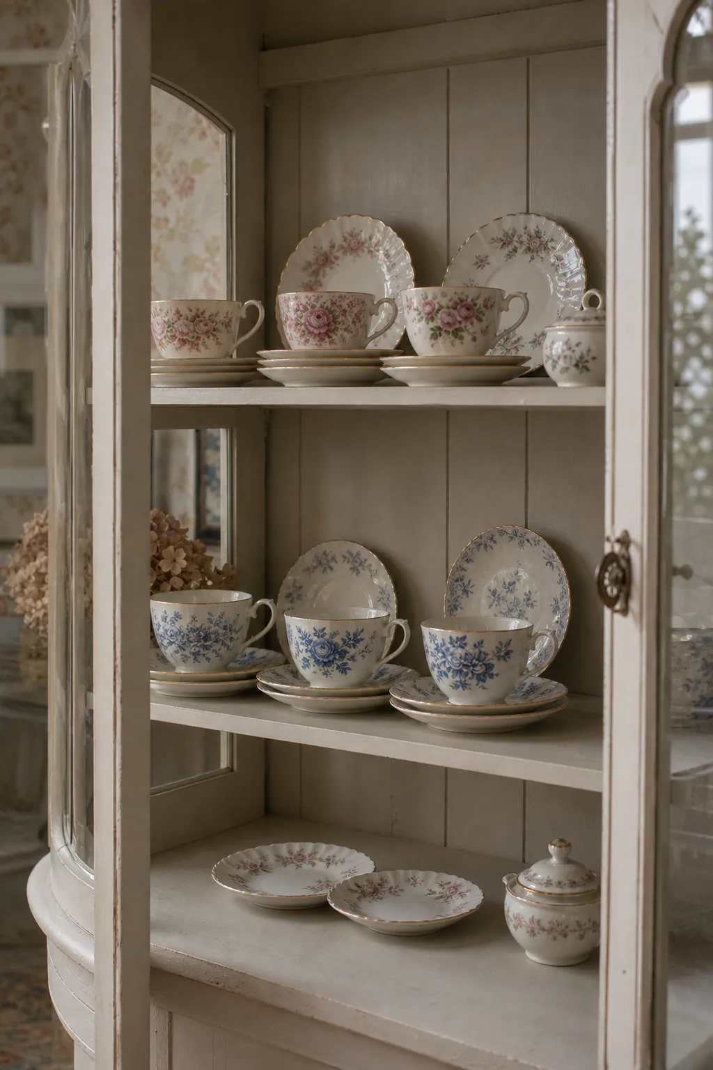 Vintage teacups displayed with breathing room inside a glass front cabinet