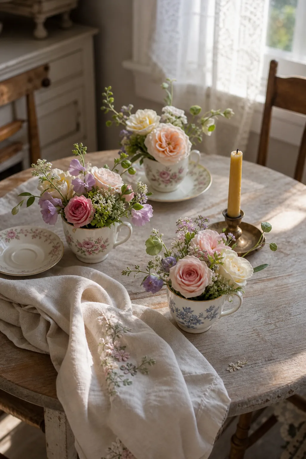 Vintage teacups used as small flower vessels in a soft feminine table centerpiece