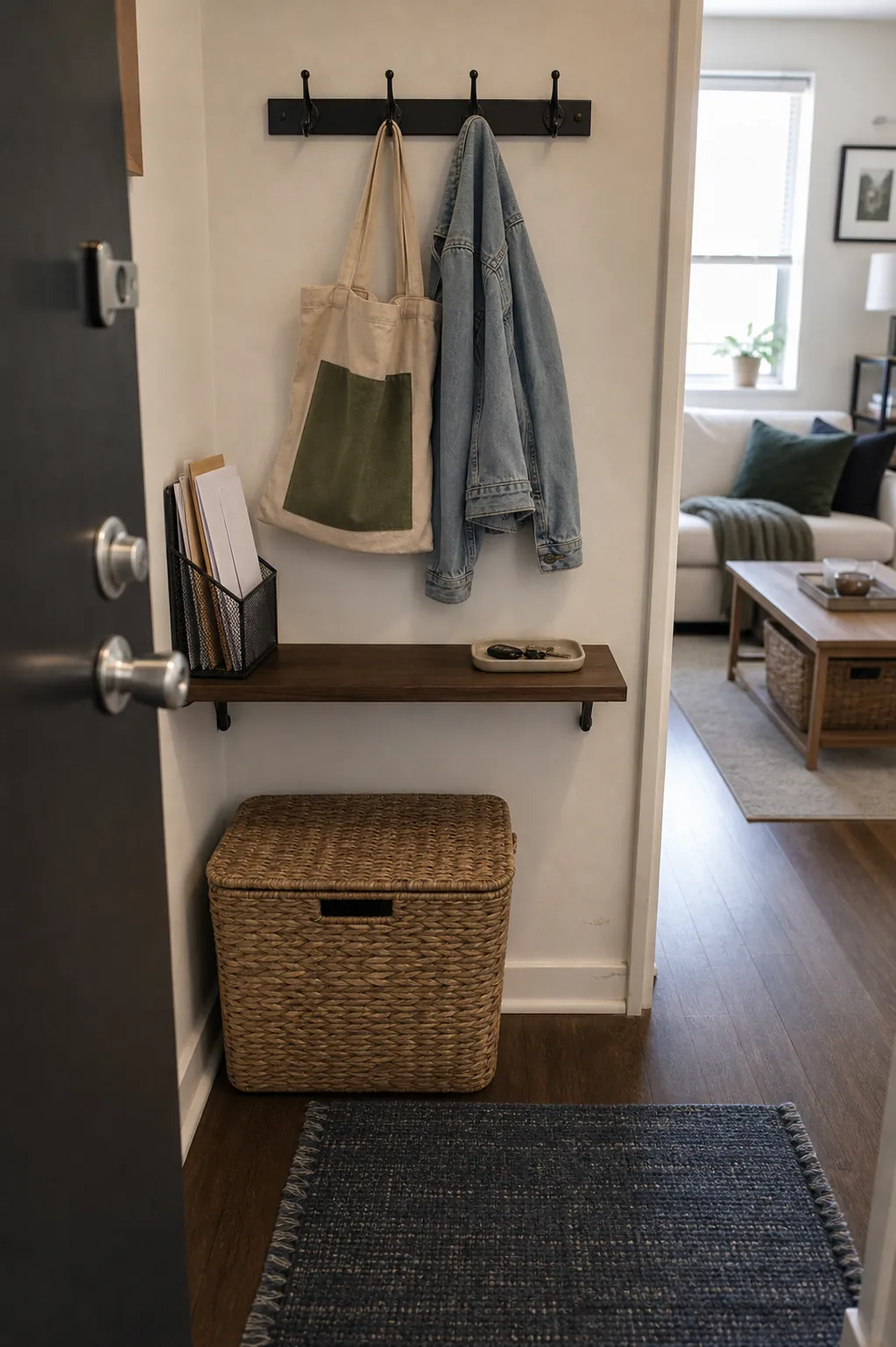 Compact entryway drop zone with hooks tray and lidded basket for clutter control