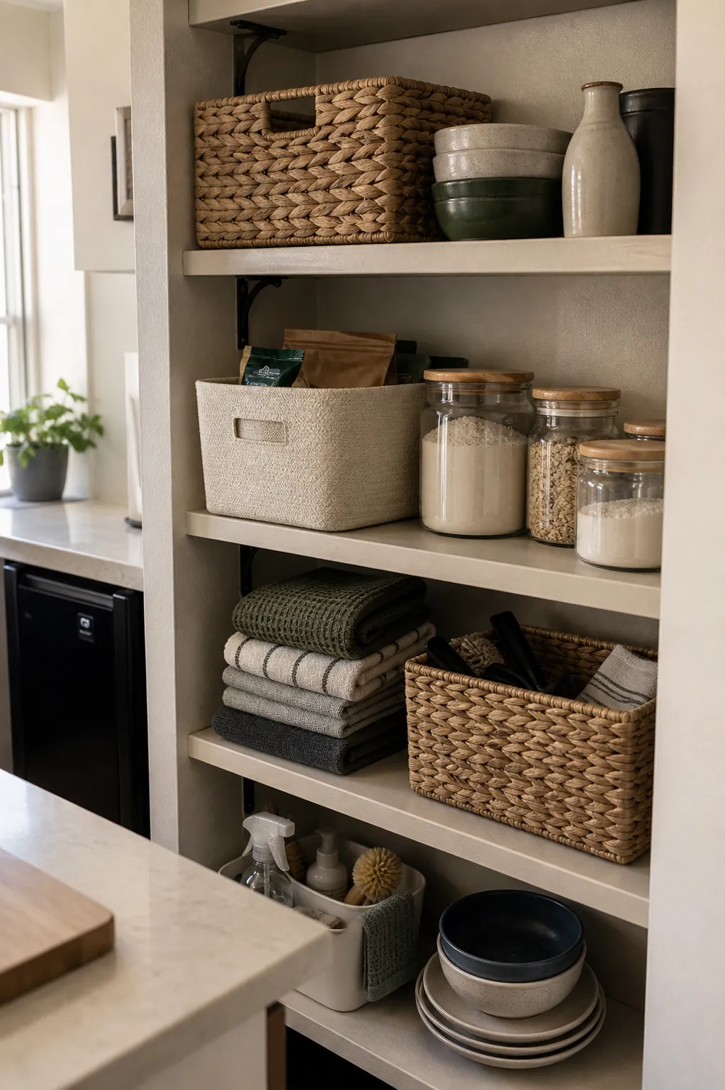 Open shelf storage with calm baskets and fewer product labels in a small home