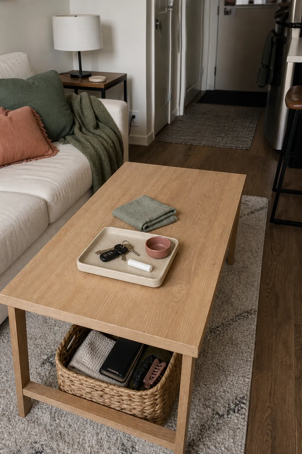 Small apartment coffee table reset with fewer visible items and tidy storage tray