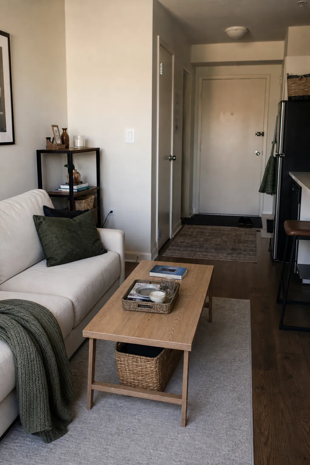 Small apartment living area after a quick visual clutter cleaning reset