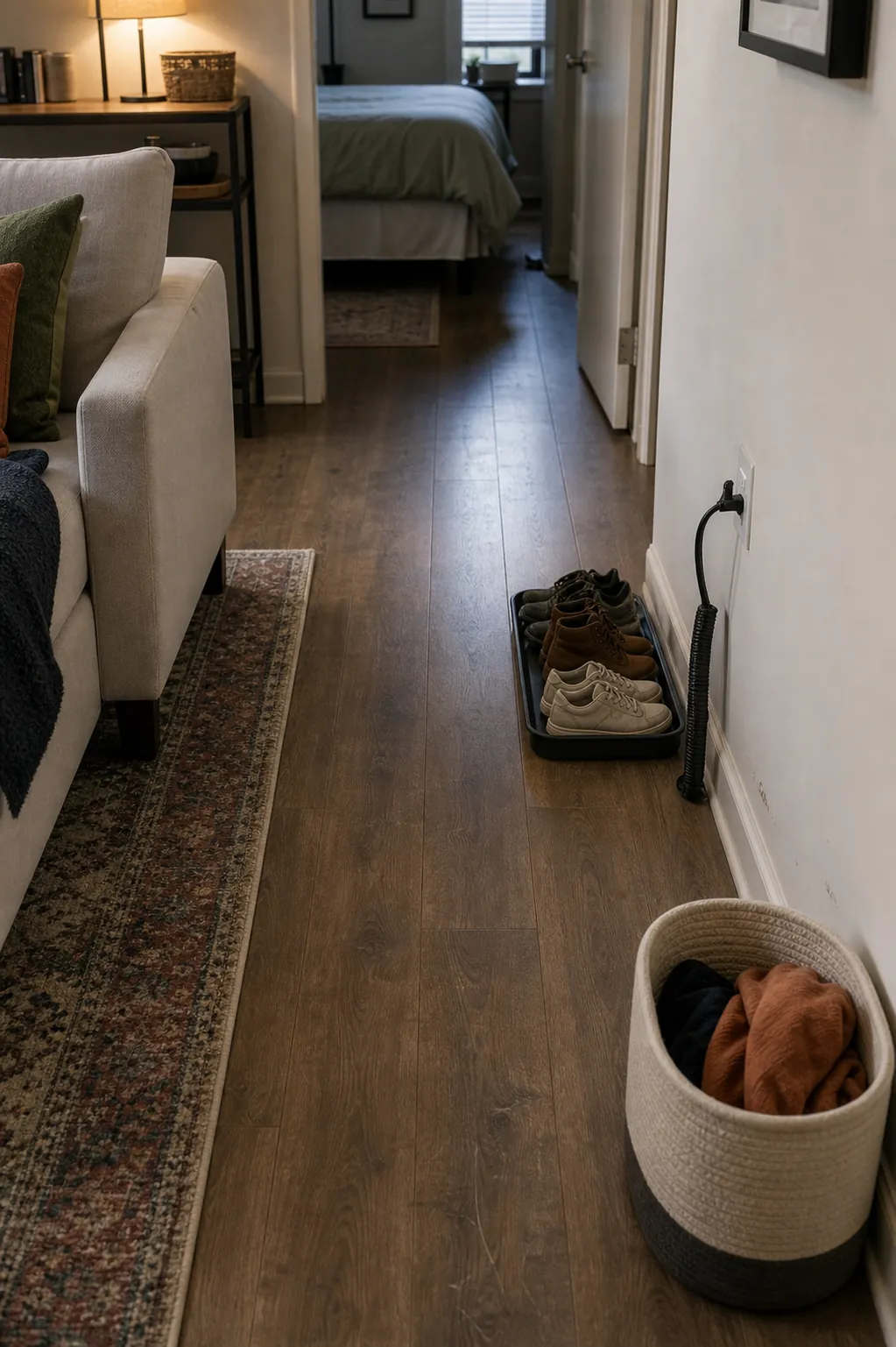 Clear floor path in a small apartment with shoes and cords contained