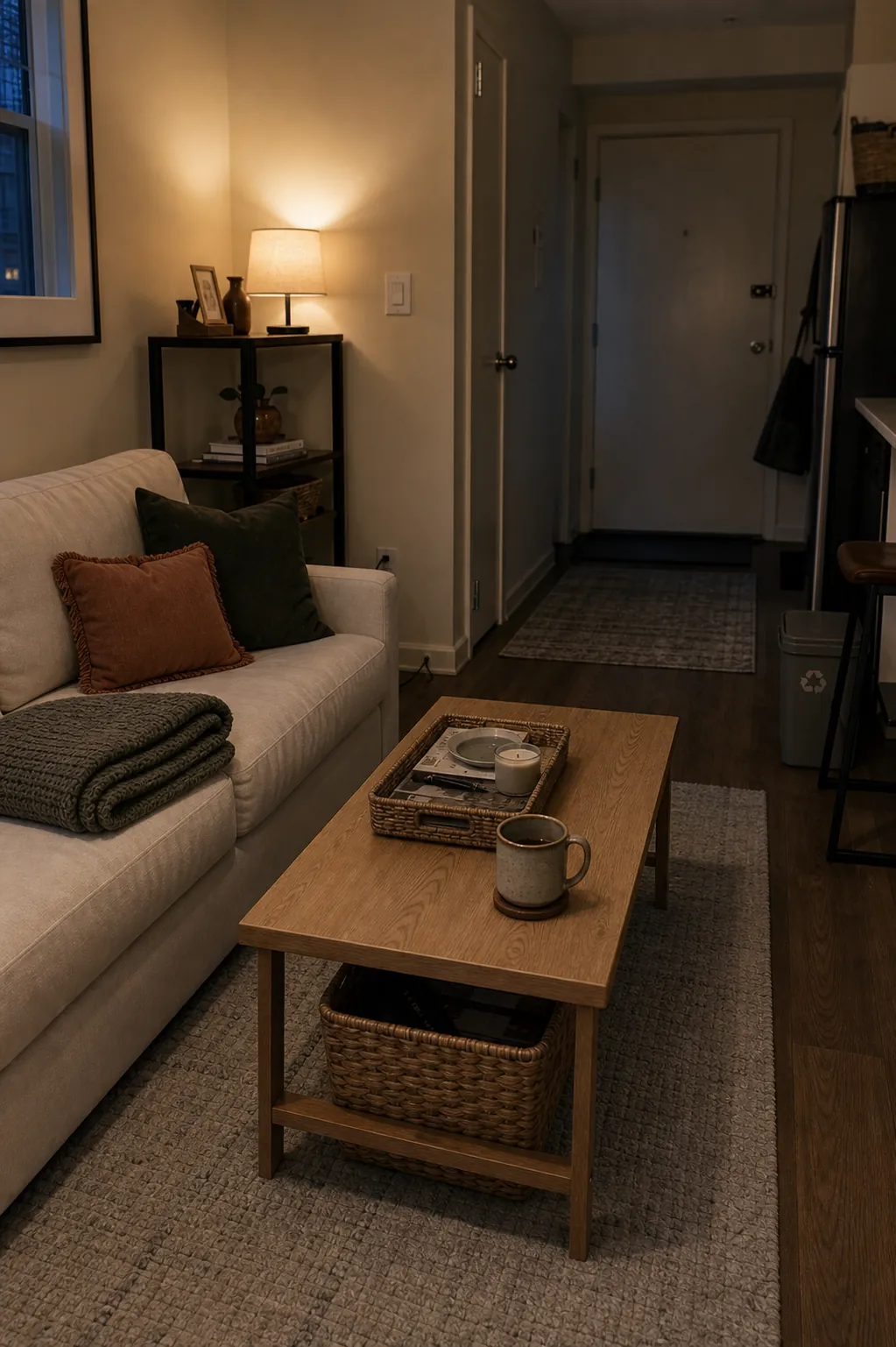 Evening home reset in a small living room with tray basket and cleared floor path