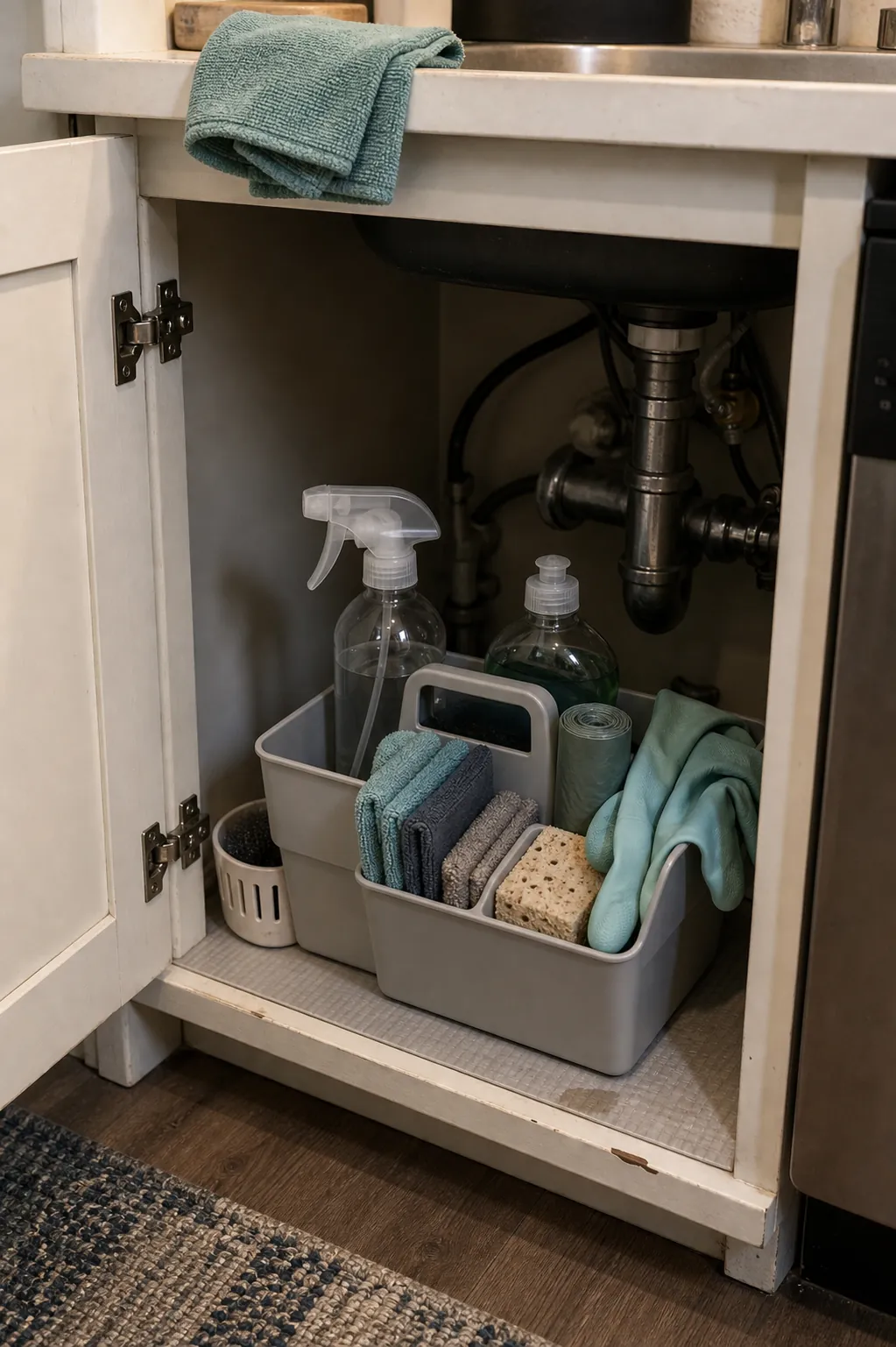 Tiny under sink cleaning station with simple supplies for fast small space cleaning