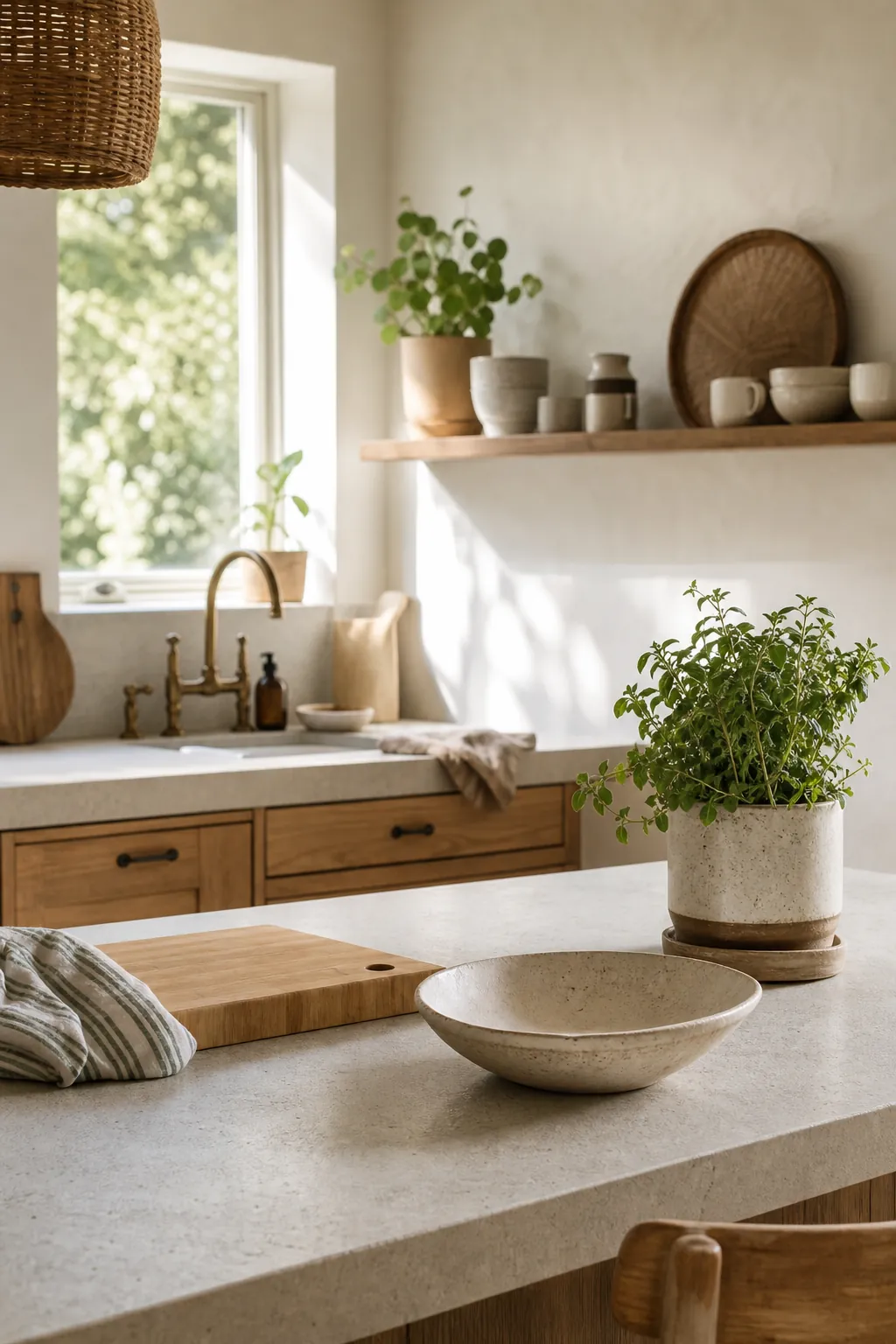 Organic kitchen decor with warm wood, stone, plants, and calm natural styling