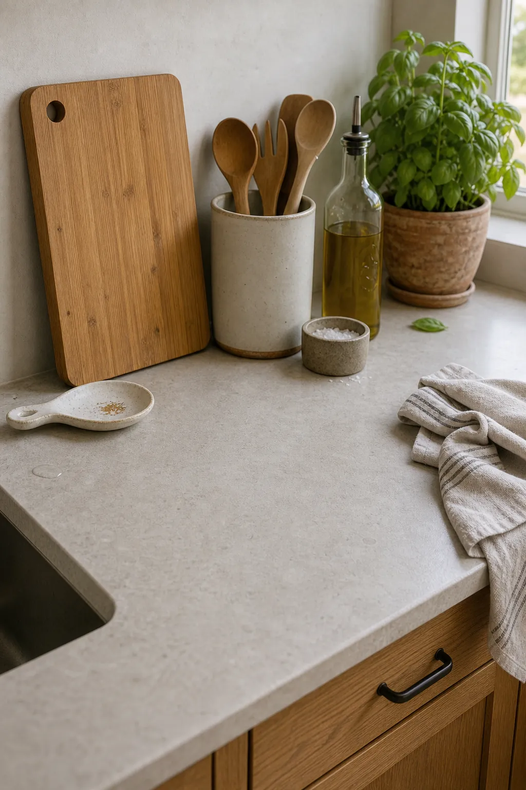 Natural kitchen counter styling with bamboo board, ceramic crock, herbs, and open prep space