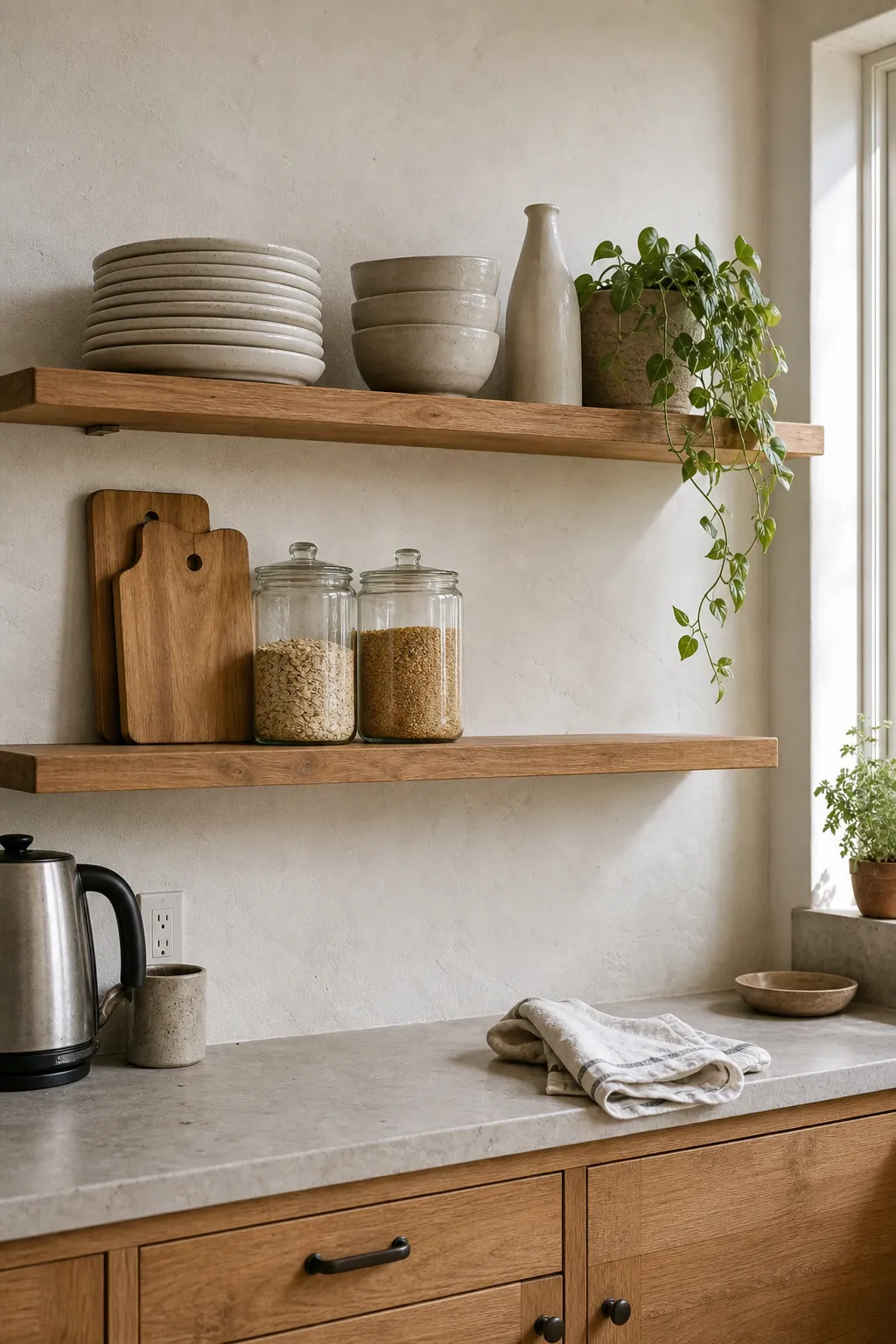 Open shelving in an organic kitchen with calm dishes, wood boards, jars, and greenery