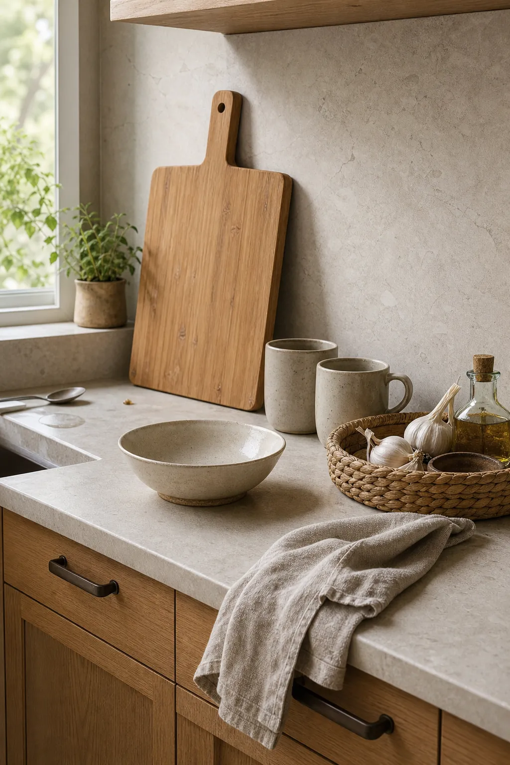 Organic kitchen material palette with wood, stone, woven texture, and matte ceramics