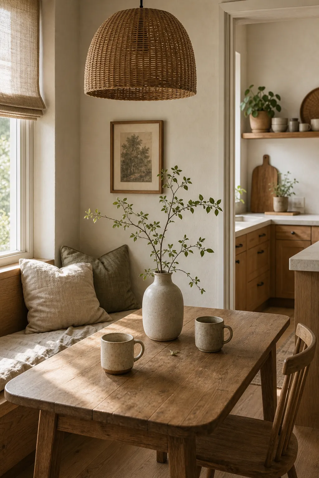 Organic kitchen breakfast nook with wood bench, linen cushion, woven pendant, and calm dining decor