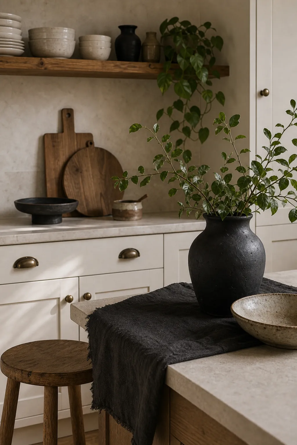 Calm organic kitchen with grounded contrast from dark ceramic, wood grain, greenery, and matte finishes