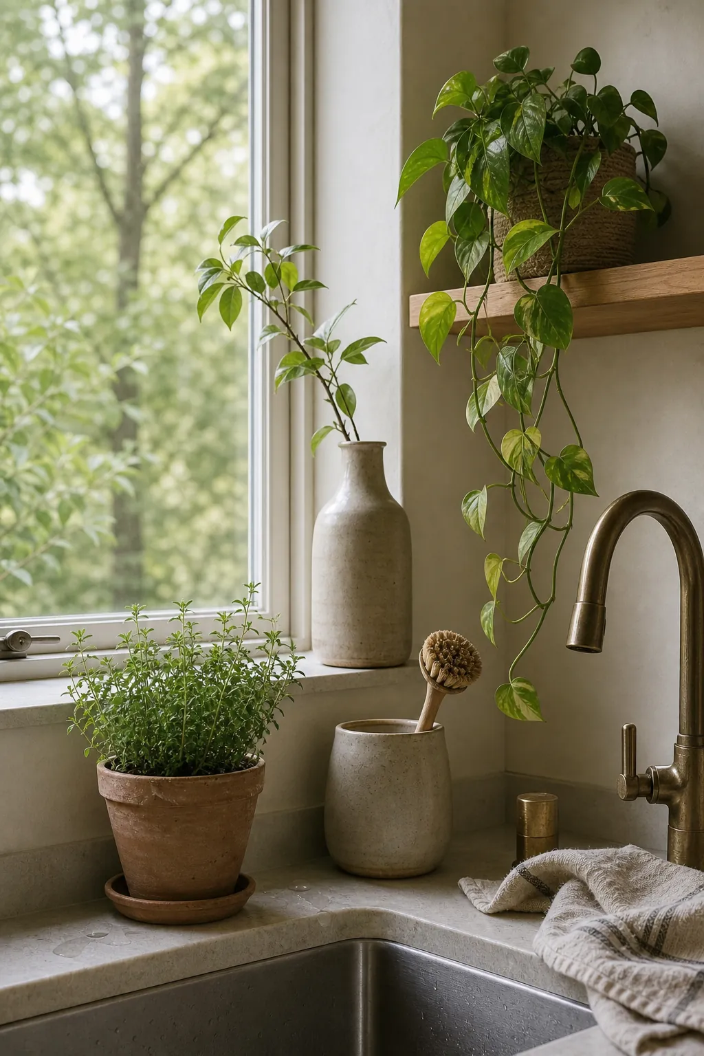 Kitchen plants near a window in a calm organic kitchen with herbs and trailing greenery