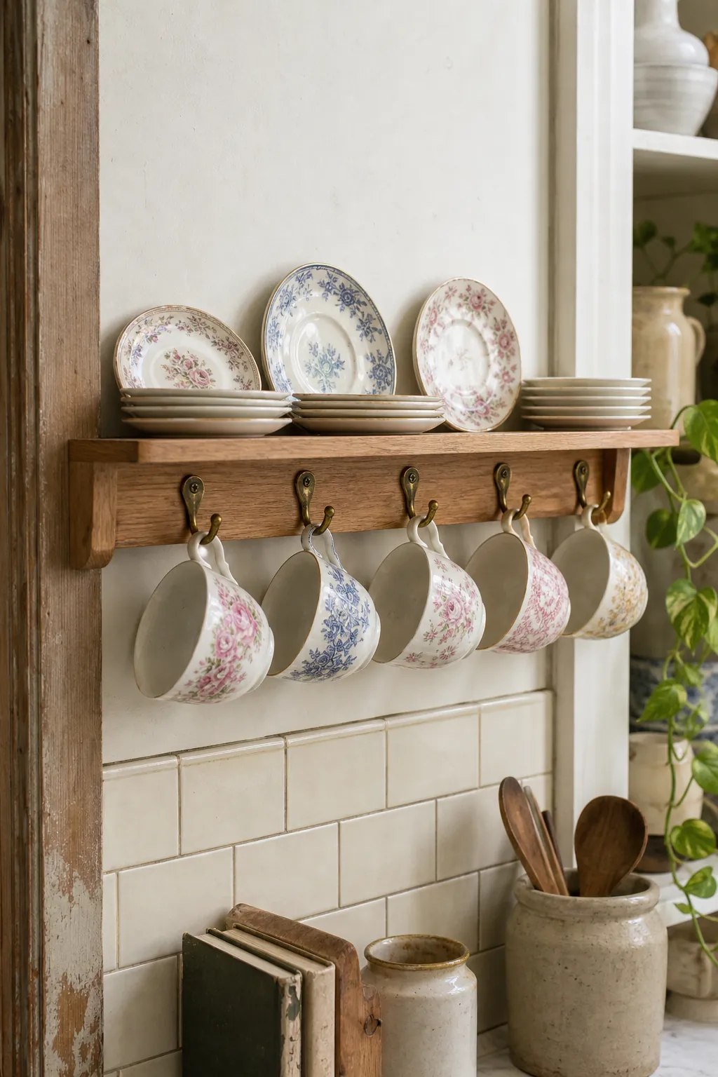 Vintage teacups hanging from a brass hook rail under a wall shelf