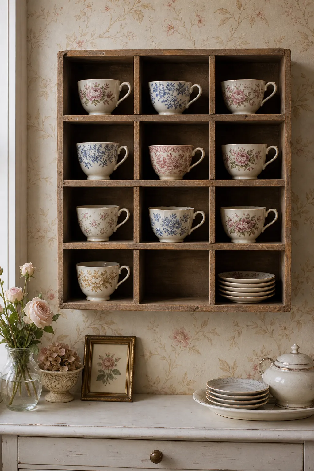 Small cubby shelf with one vintage teacup displayed in each opening