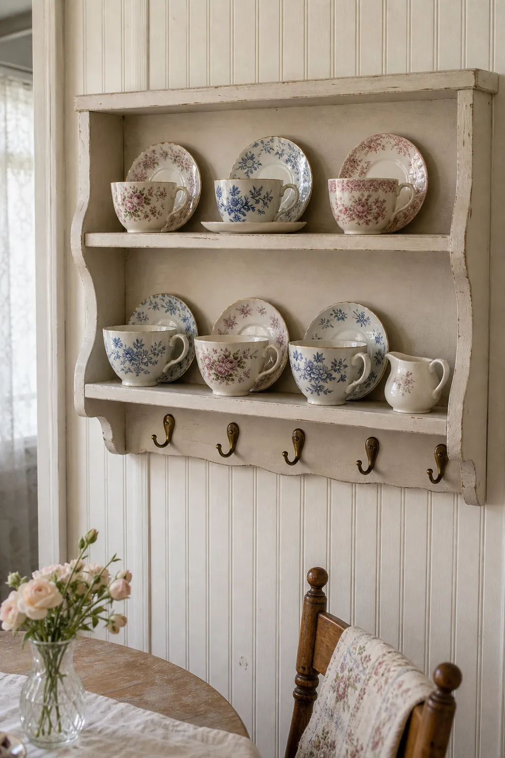 Tea cup wall shelf display with vintage teacups and saucers in a collected cottage kitchen