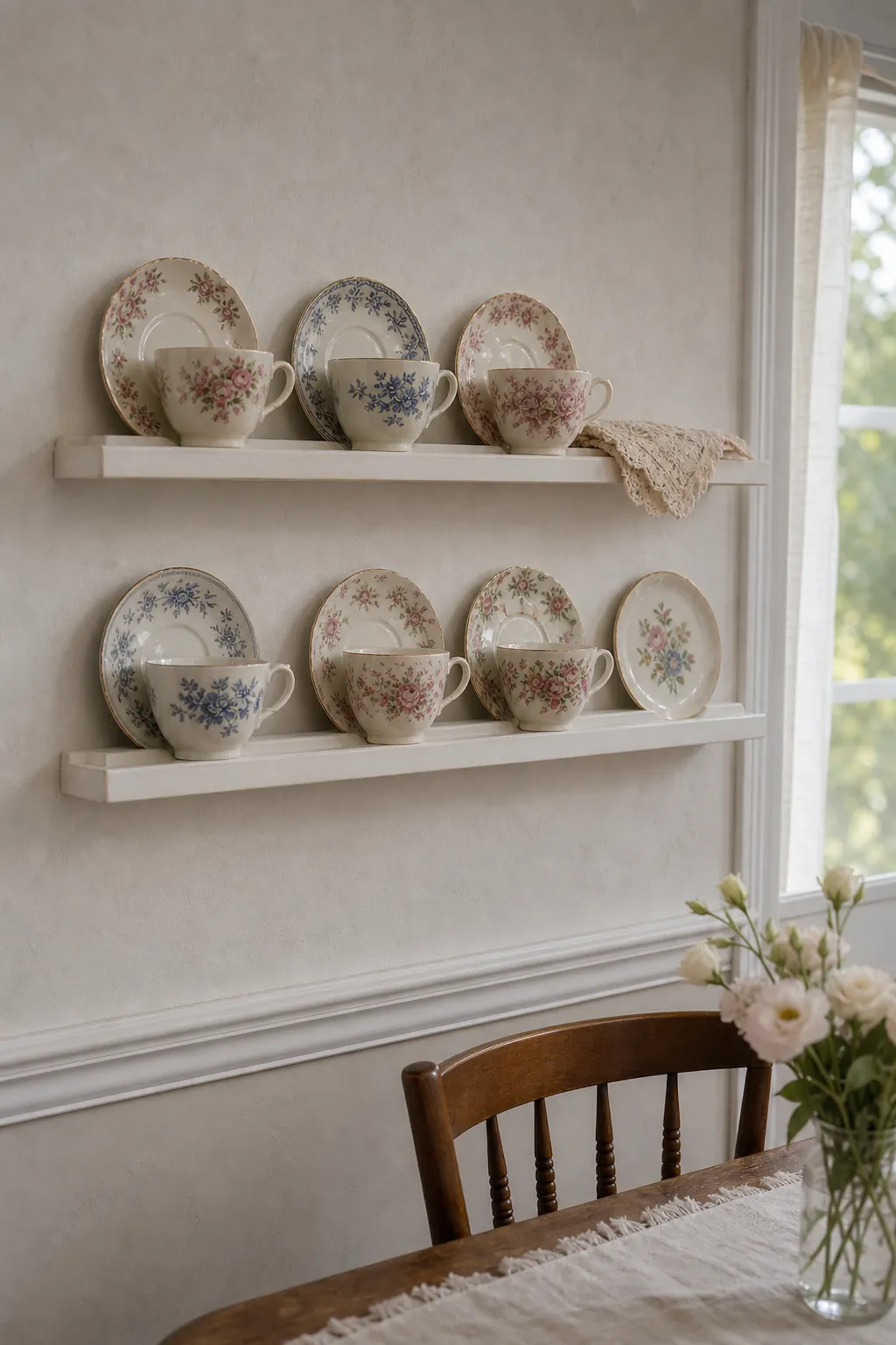Vintage teacups and saucers arranged on shallow picture ledges