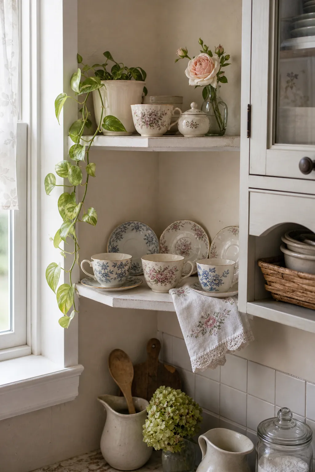 Corner kitchen wall shelves styled with vintage teacups and collected decor