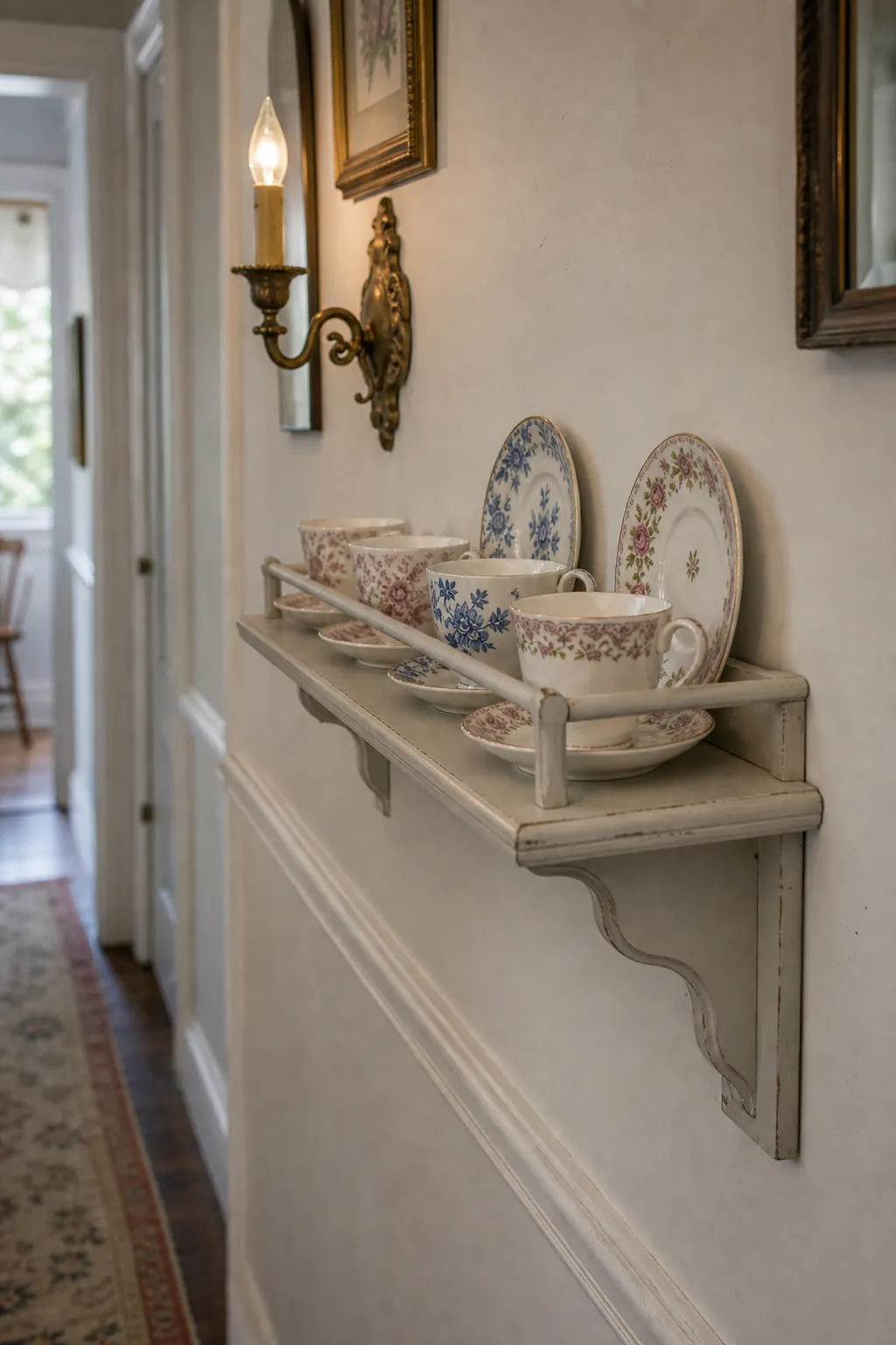 Narrow hallway wall shelf displaying vintage teacups with a protective front rail