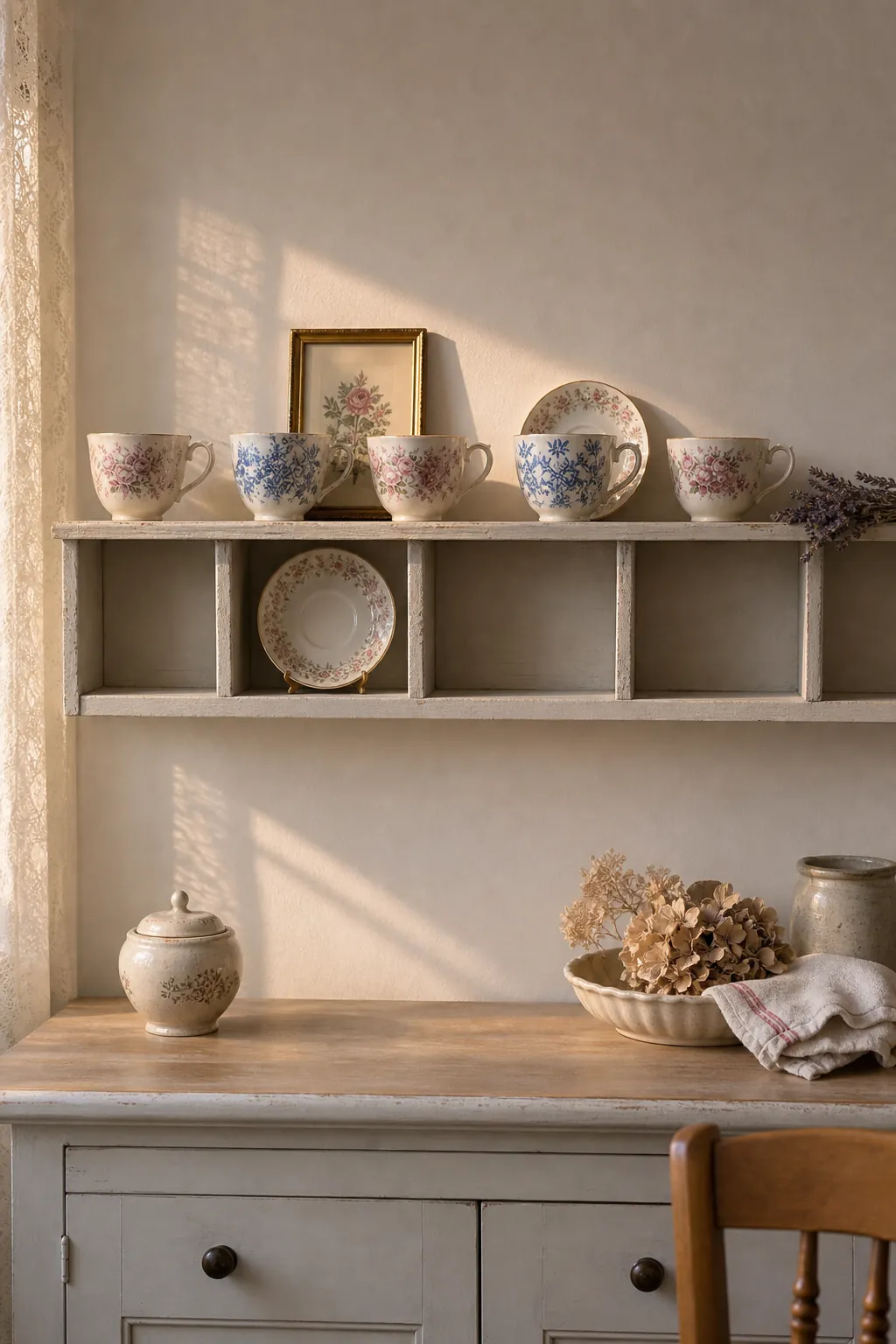Rotating seasonal tea cup wall shelf with a small edited vintage collection