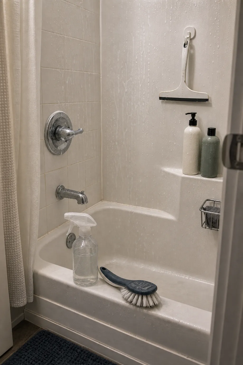 Small shower sprayed and left to sit while the rest of the bathroom is cleaned