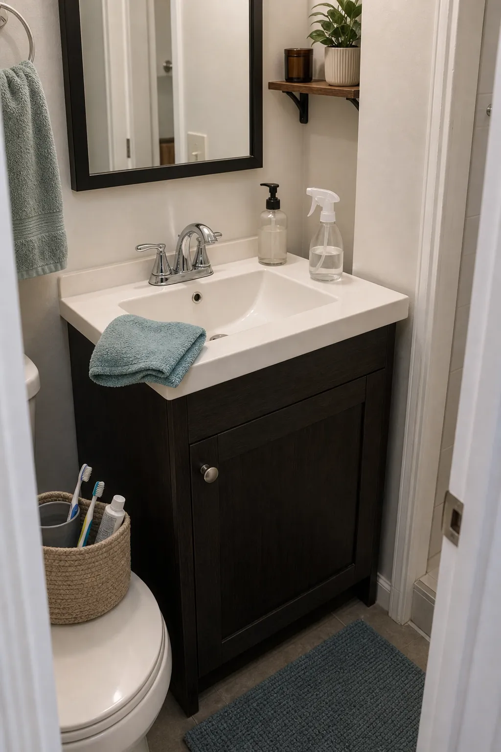 Tiny bathroom sink counter cleared for a faster cleaning routine