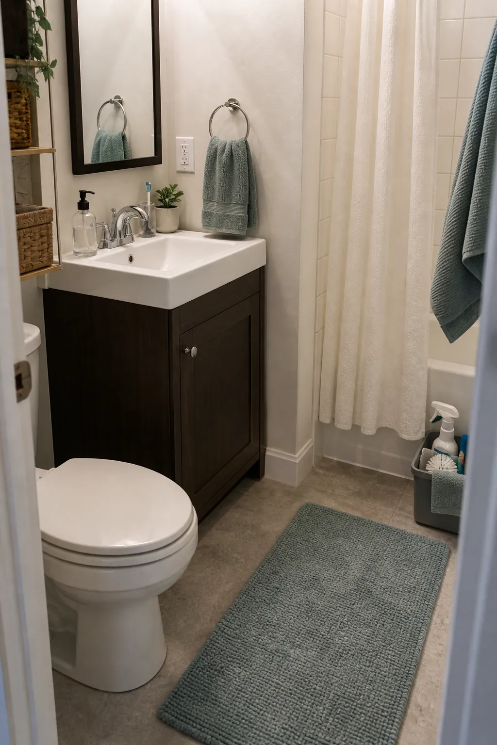 Tiny bathroom after a fast cleaning reset with clear sink floor and shower