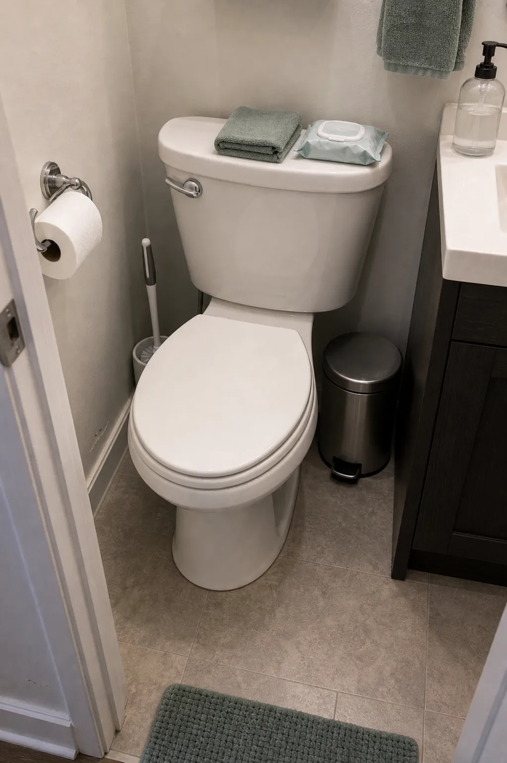 Compact toilet zone cleaned with separate cloths and clear floor edge