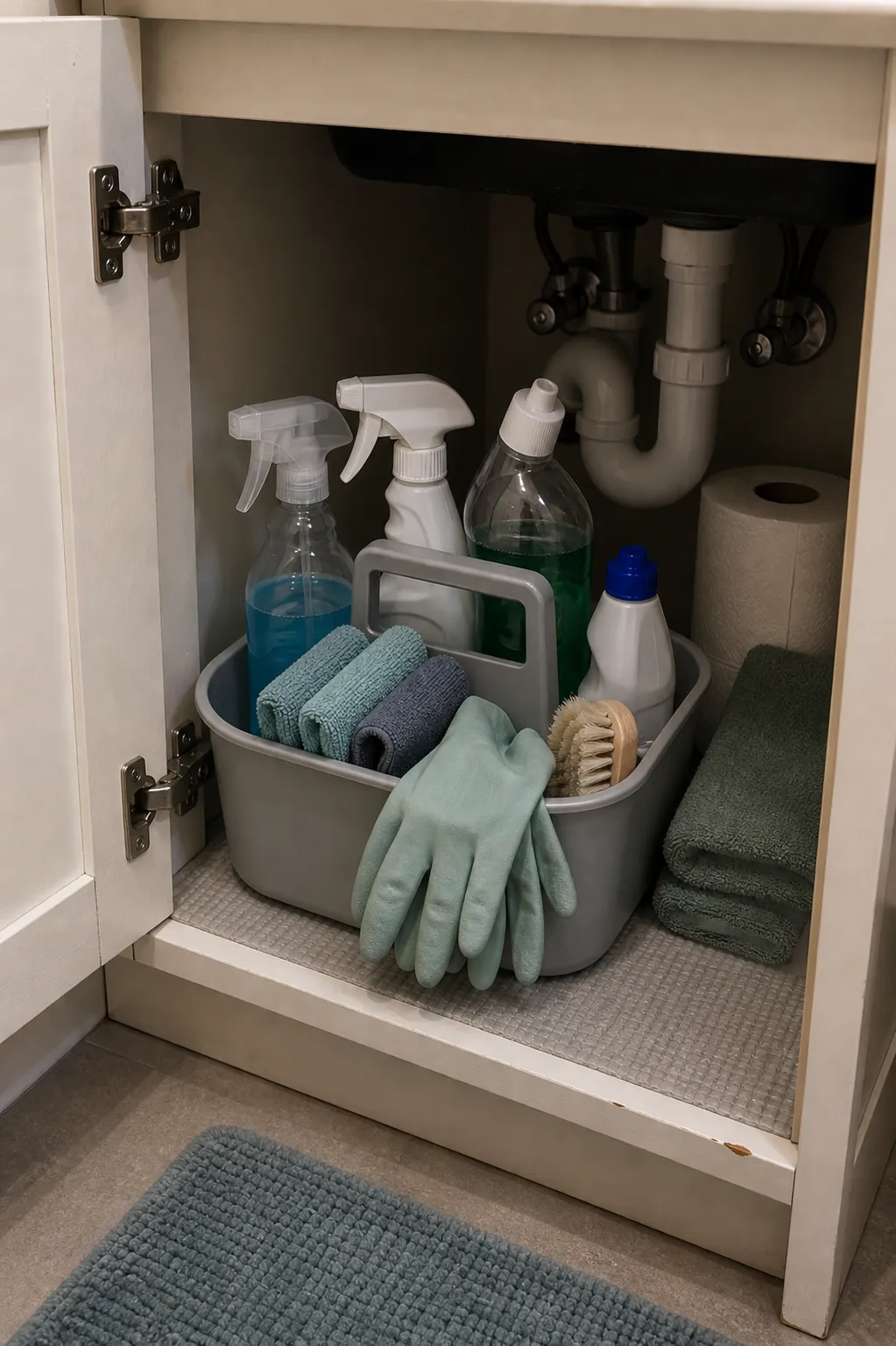Small bathroom cleaning caddy stored under a tiny sink for quick resets