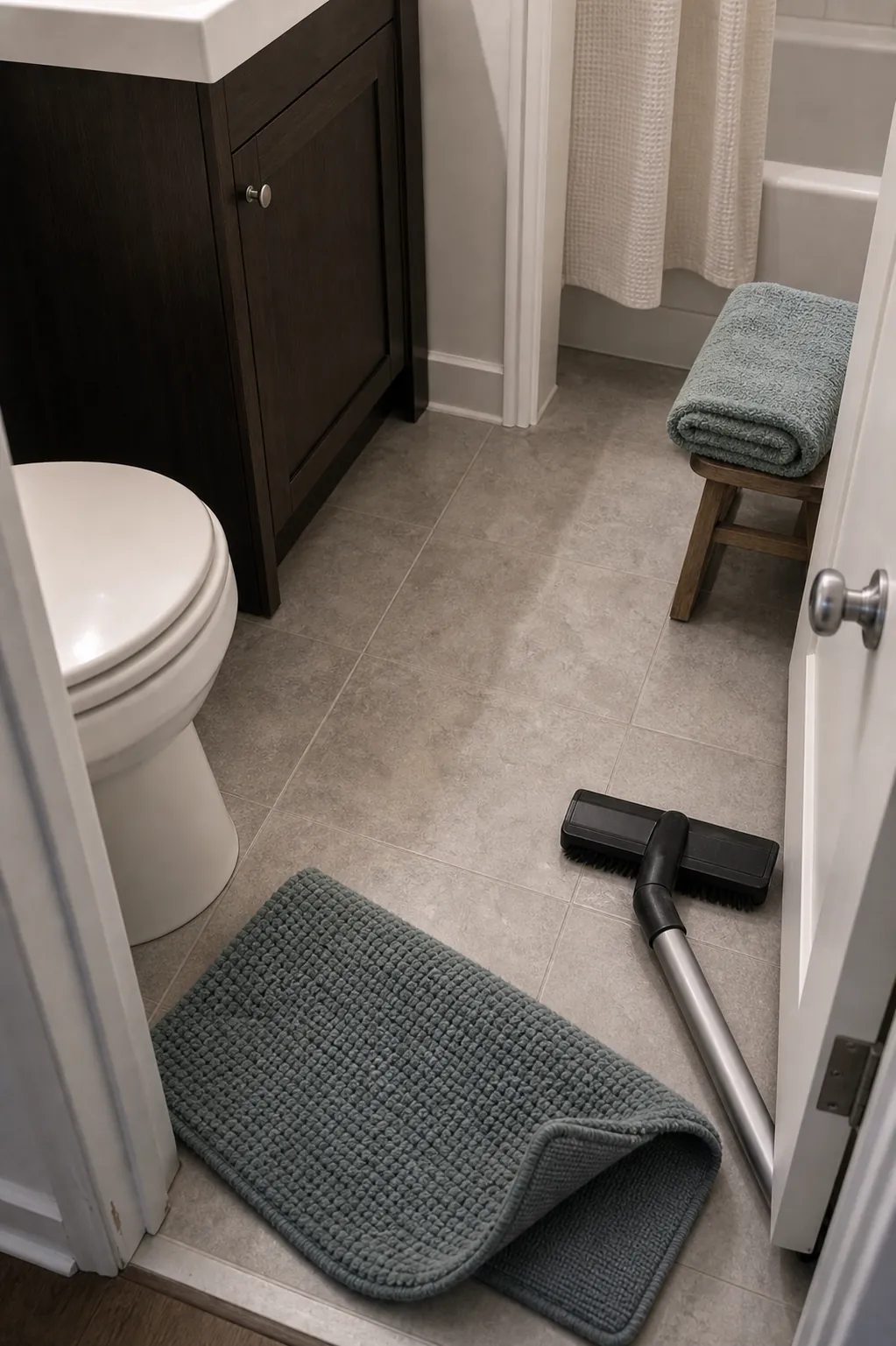 Tiny bathroom floor reset after hair dust and towels are cleared