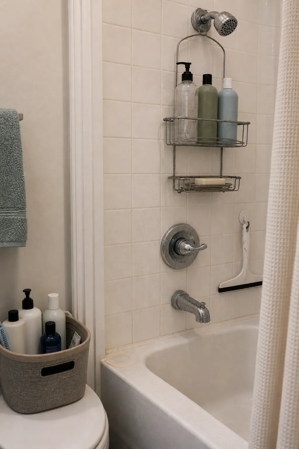 Tiny bathroom shower caddy edited down to fewer bottles for faster cleaning