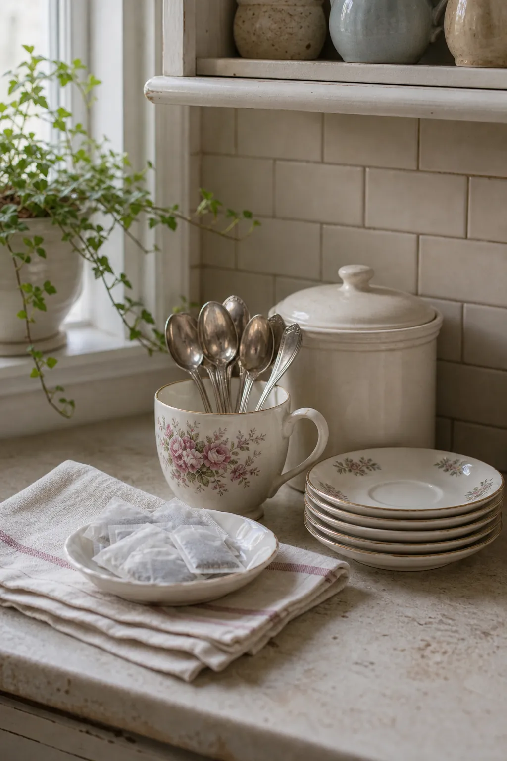 Vintage teacup holding teaspoons in an everyday kitchen tea station