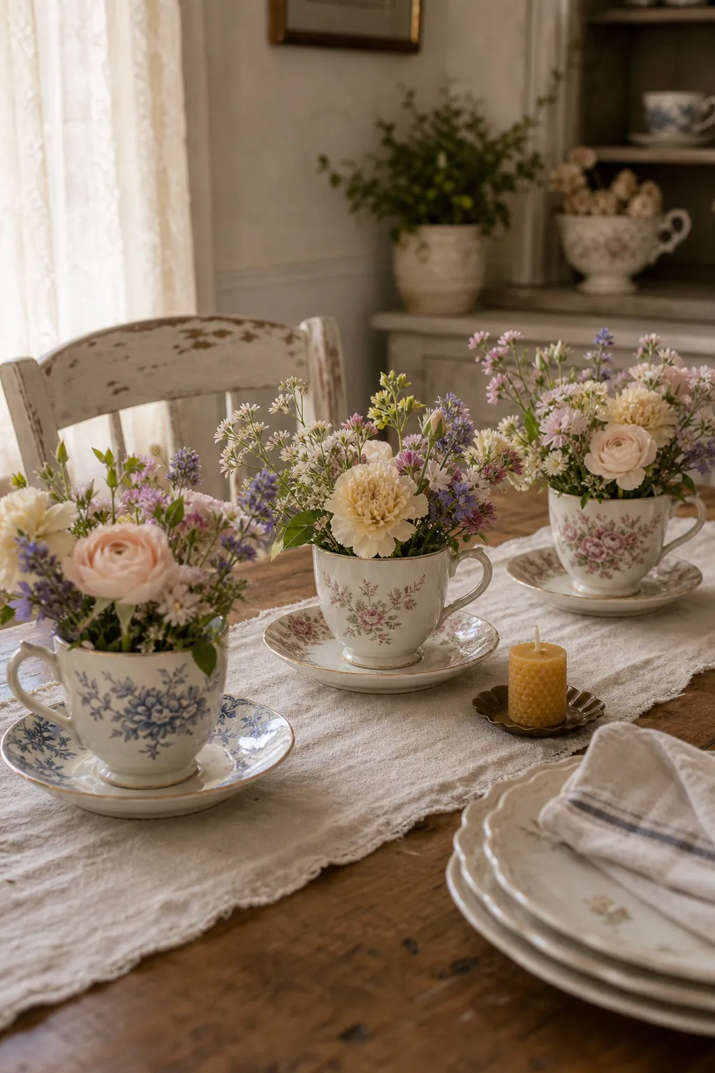 Vintage teacups filled with small flowers for pretty everyday table decor