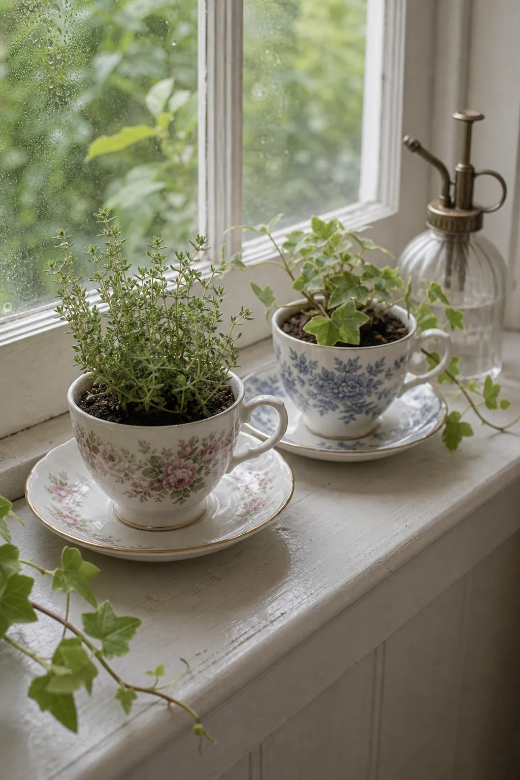 Vintage teacup used as a small windowsill herb planter