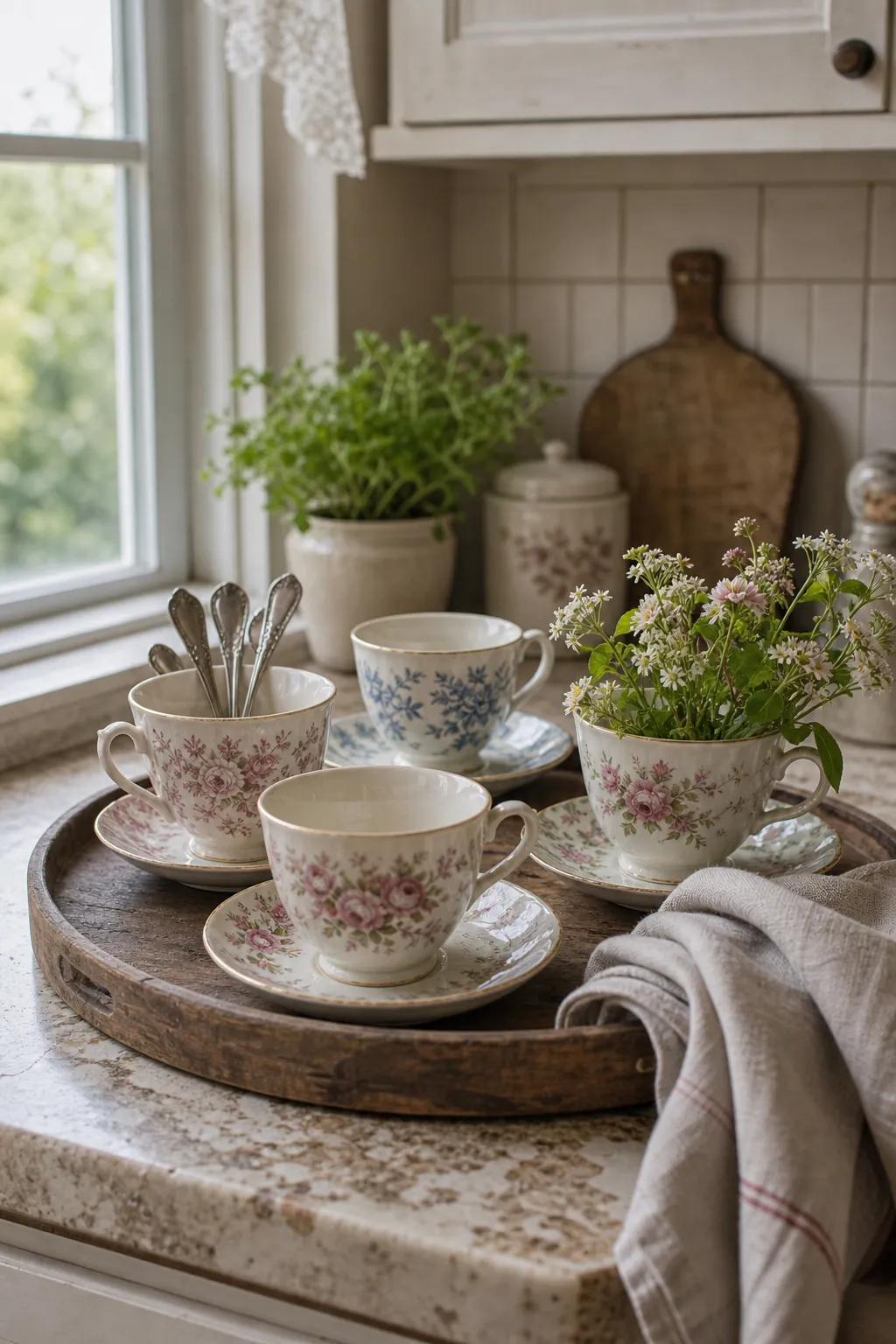 Vintage teacups styled as pretty everyday decor on a cottage kitchen counter