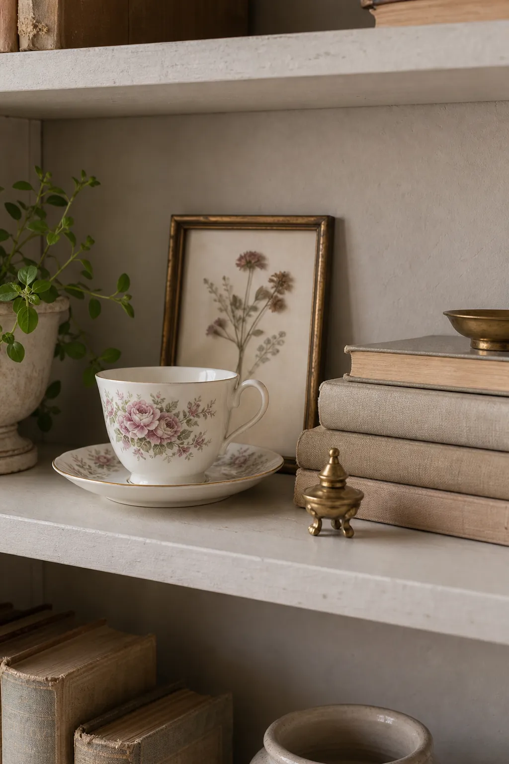 Vintage teacup styled with books and collected decor on a bookshelf