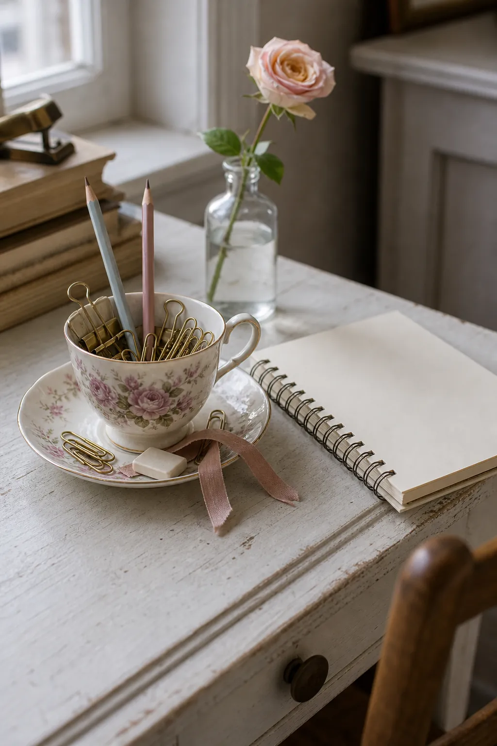 Vintage teacup used as a desk catchall for clips and small everyday items